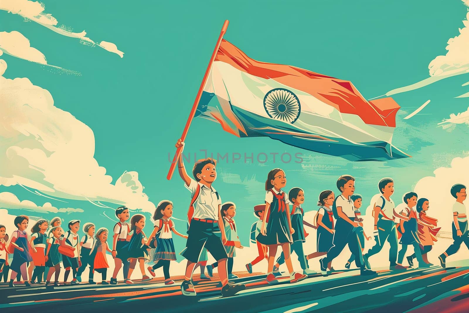A group of children joyfully carrying the Indian flag.