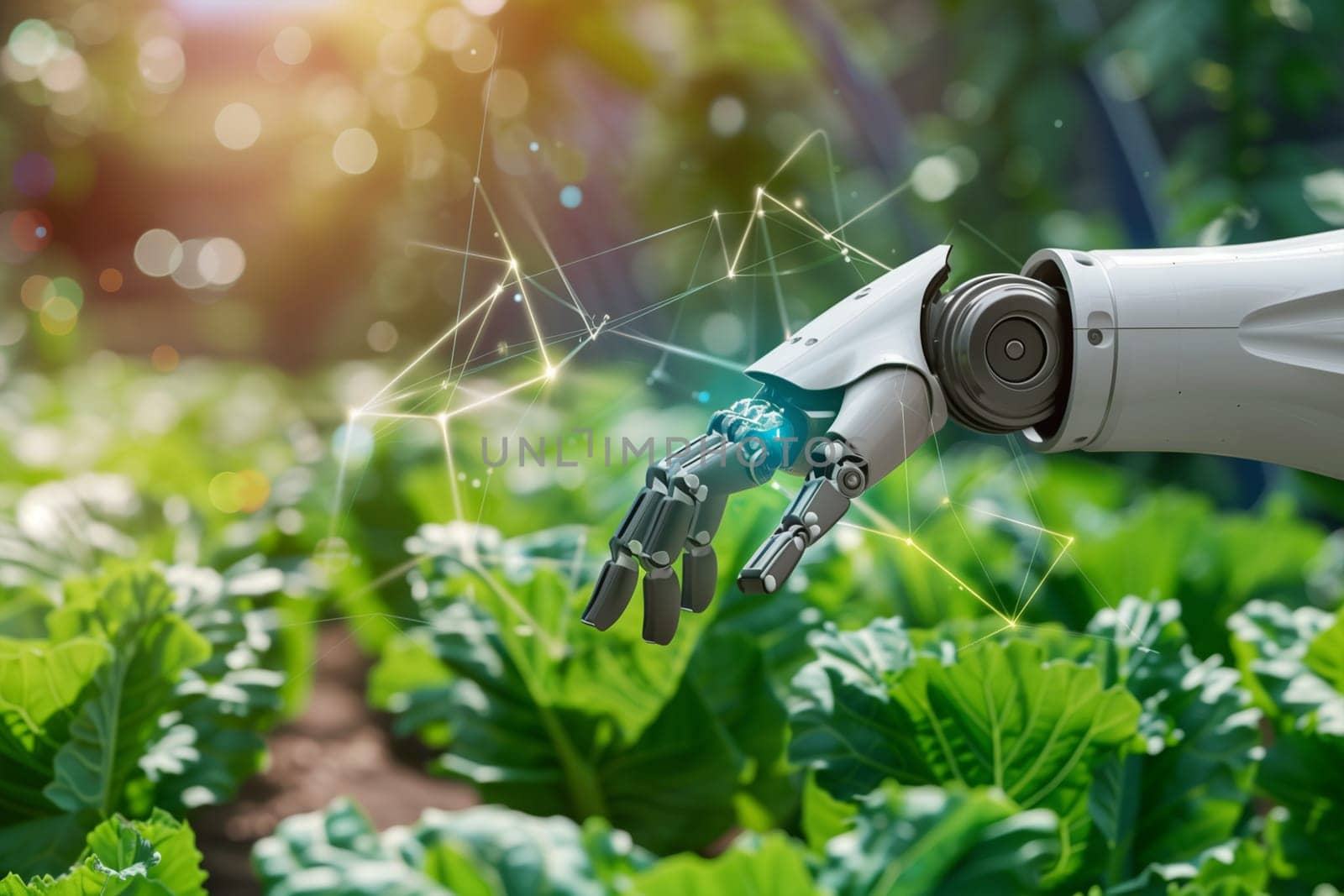 A robotic hand delicately touches the leaves of a green plant, showcasing the interaction between technology and nature.