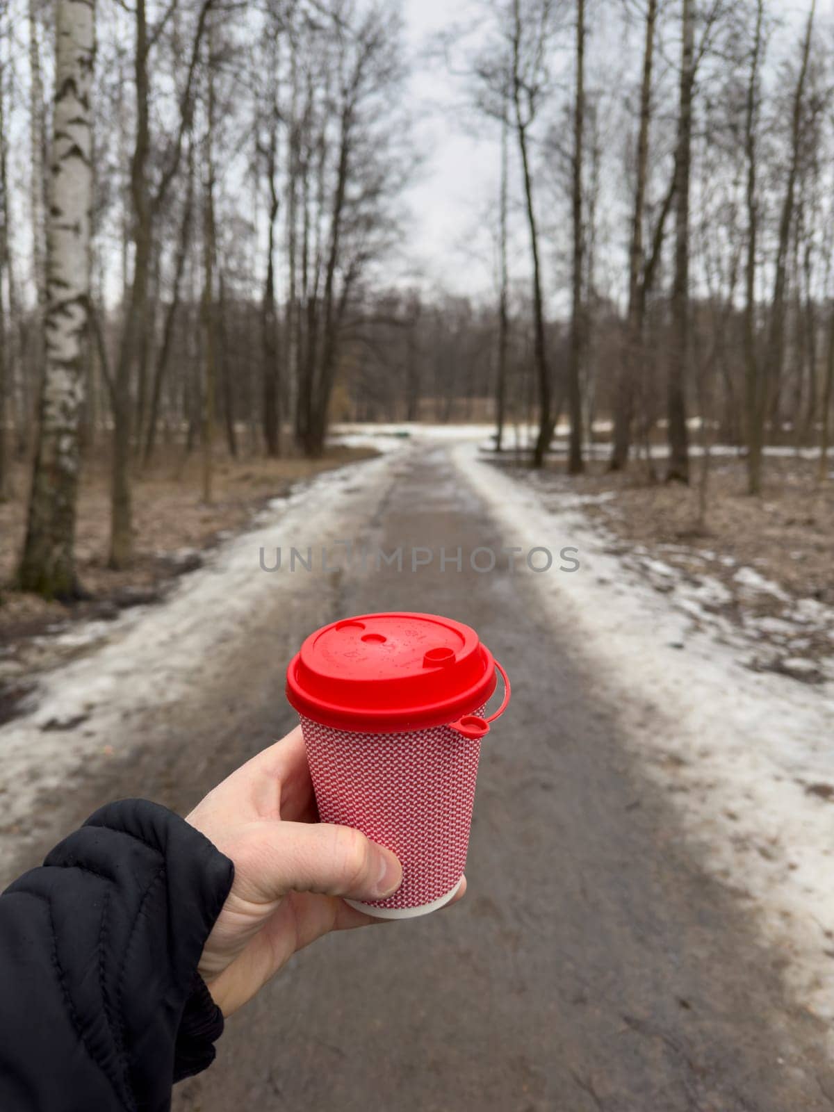 The pink cardboard coffee cup with a red plastic lid in men's hands on the background of a spring park, black jacket, naked forest. High quality photo