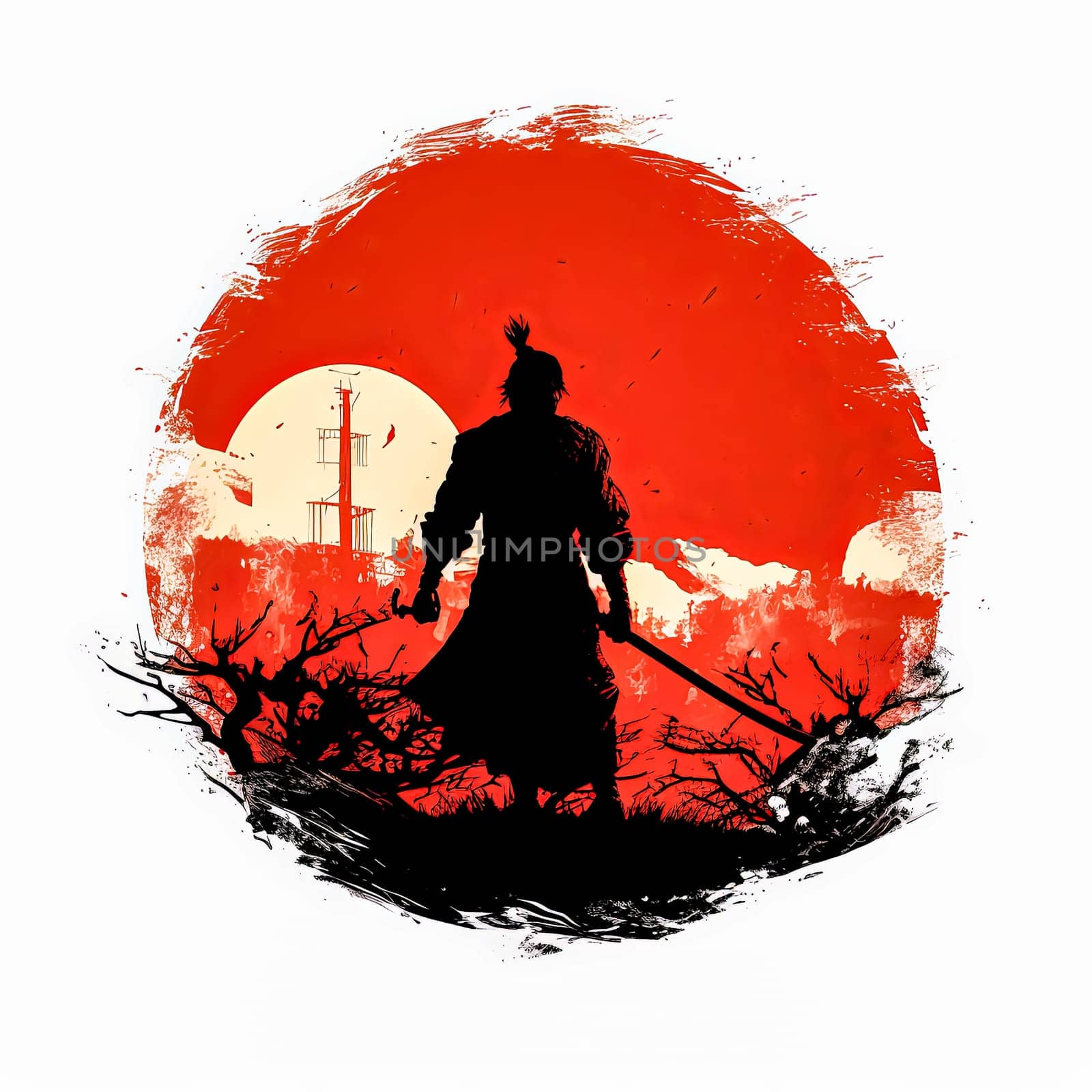 A man stands in front of a red moon. The man is holding a sword and he is a warrior. The image has a dark and mysterious mood, with the red moon and the man's silhouette creating a sense of danger