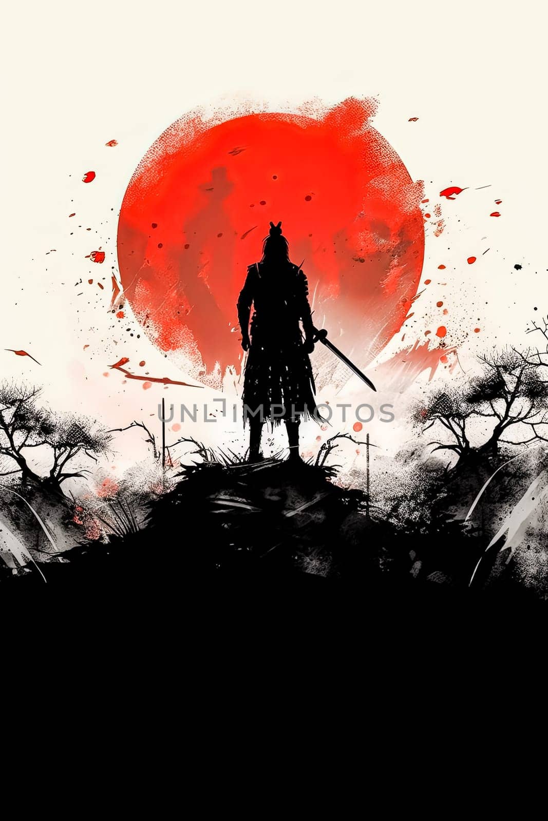 A man in black is holding a sword and standing in front of a red circle. The image has a dark and intense mood, with the red background and the man's menacing pose