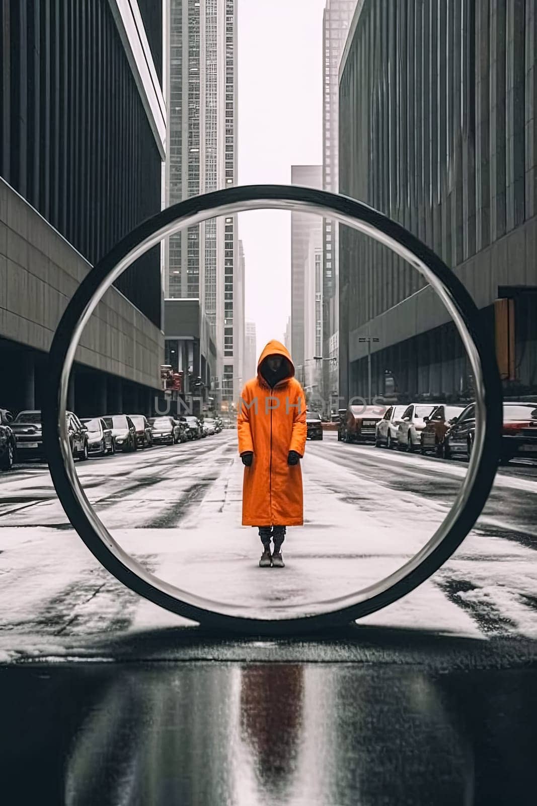 A woman in an orange coat stands in front of a large circular structure. The scene is set in a city with cars and buildings in the background. The woman is posing for a photo