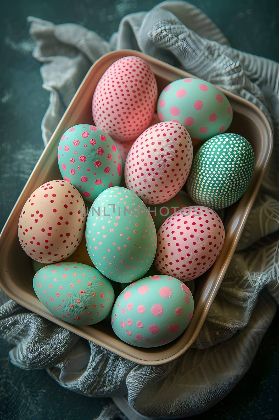 A charming wooden tray adorned with a delightful mix of pink and green polka dot Easter eggs, creating a festive and sweet display for the holiday event