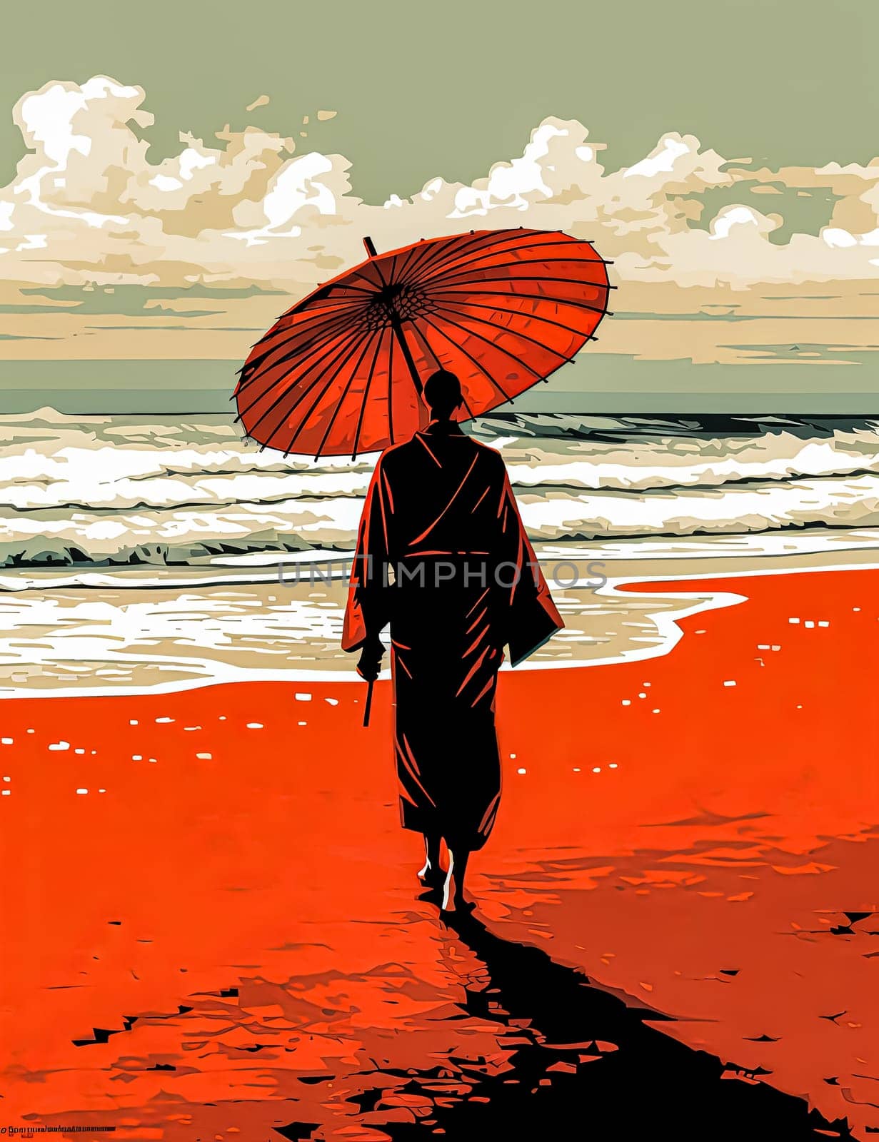 A man is walking on the beach holding an umbrella. The umbrella is red and the man is wearing a robe. The beach is a beautiful, serene place with the ocean in the background