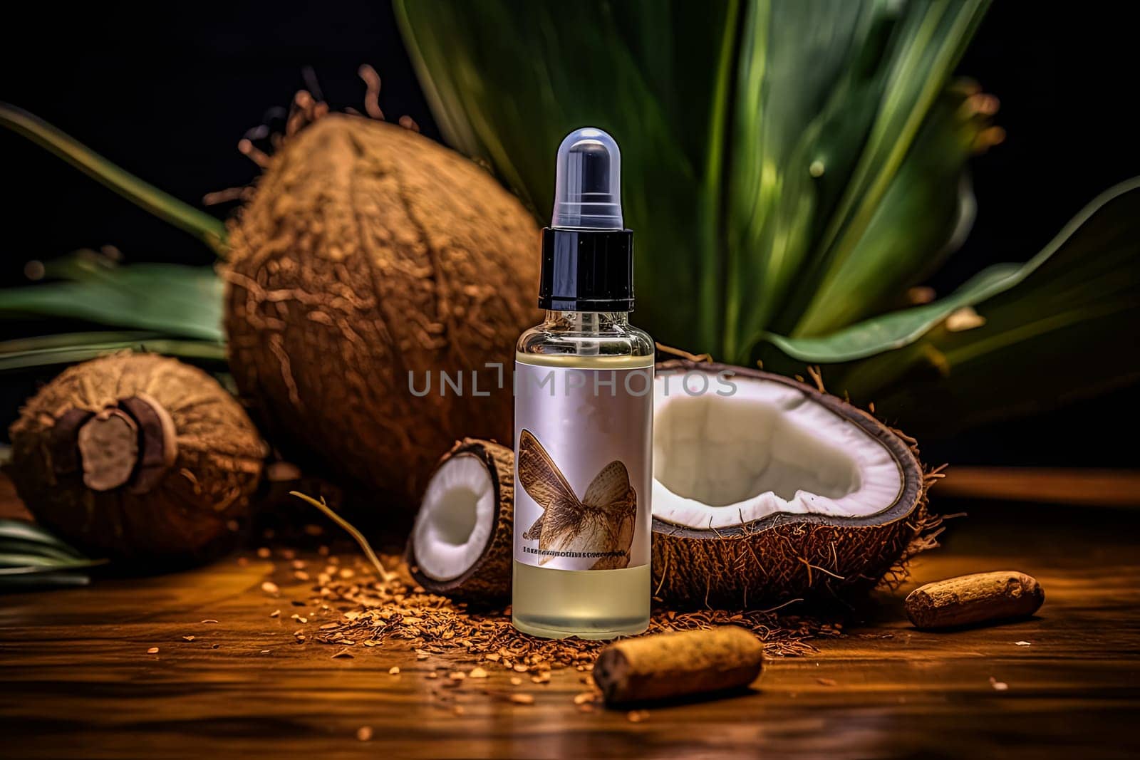 A bottle of coconut oil is on a table next to a coconut and a coconut shell. The bottle is labeled with a bird on it