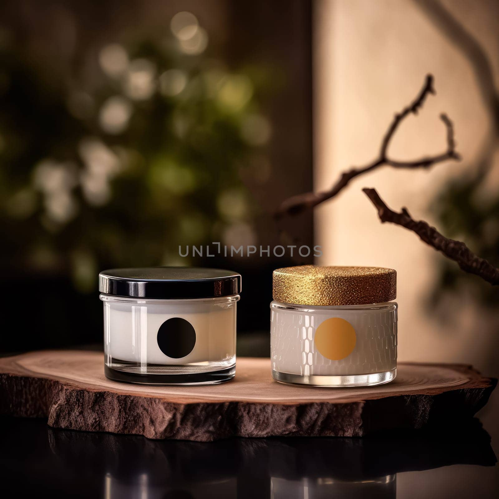 Two small glass jars with gold lids and black circles on them by Alla_Morozova93