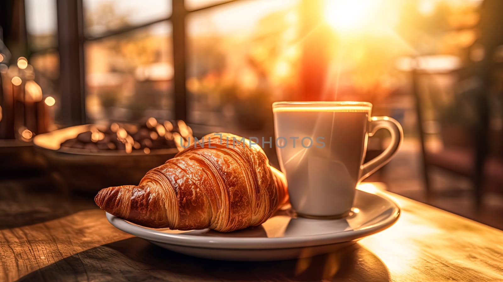 A white coffee cup sits on a white plate next to a croissant. The scene is set in a cafe, with the sun shining through the window. Concept of relaxation and enjoyment