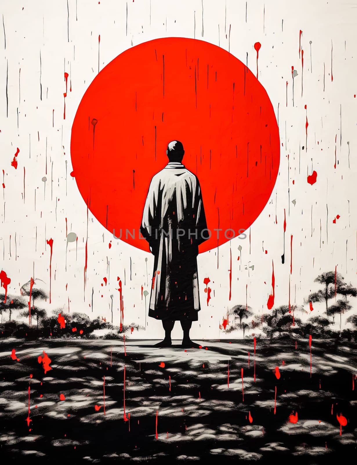 A man stands in front of a red moon. The man is holding a sword and he is a warrior. The image has a dark and mysterious mood, with the red moon and the man's silhouette creating a sense of danger