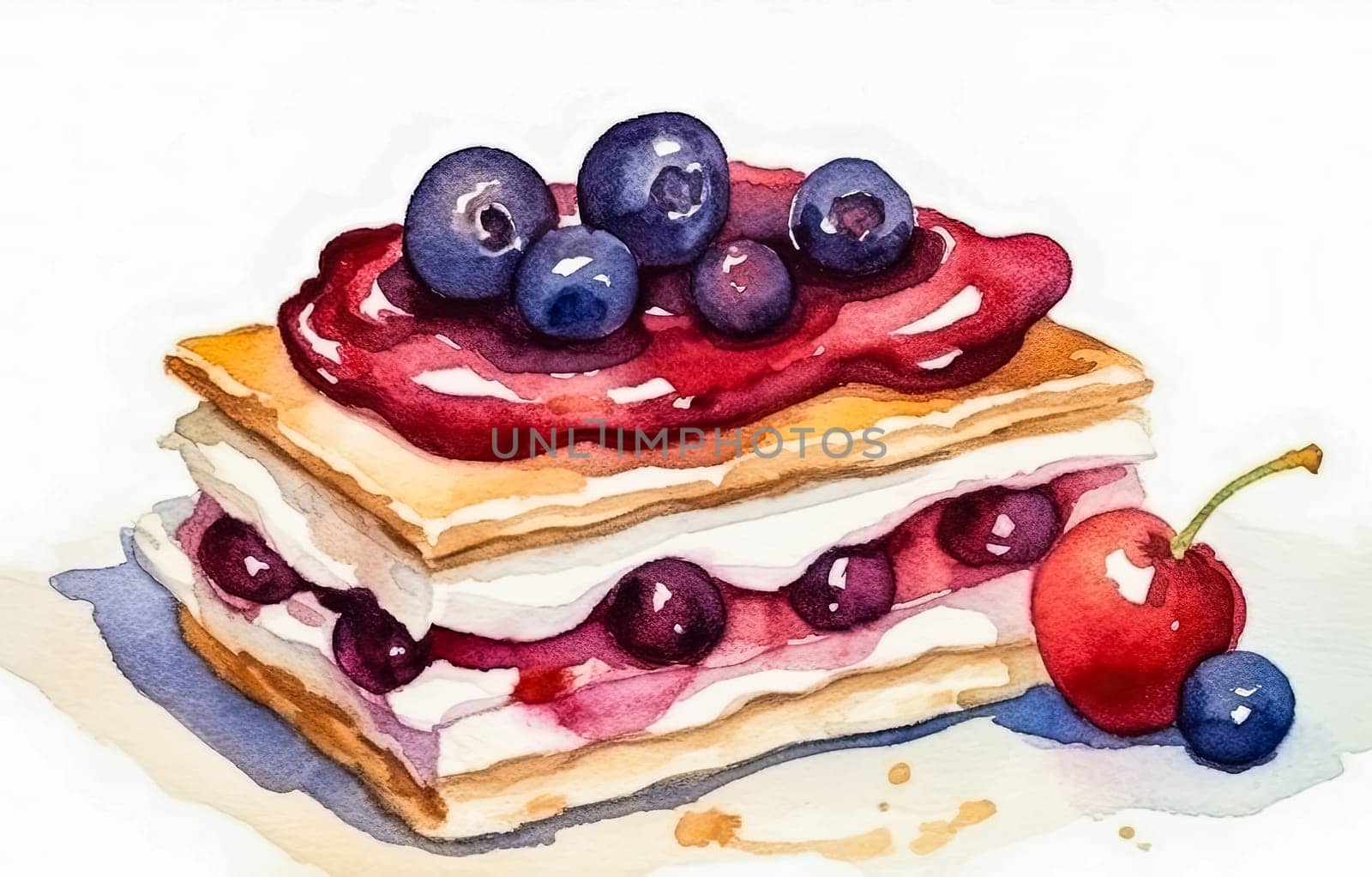 A blueberry cheesecake with a cherry on top. The blueberries are spread across the top of the cake, and the cherry is sitting on the right side. Concept of indulgence and sweetness