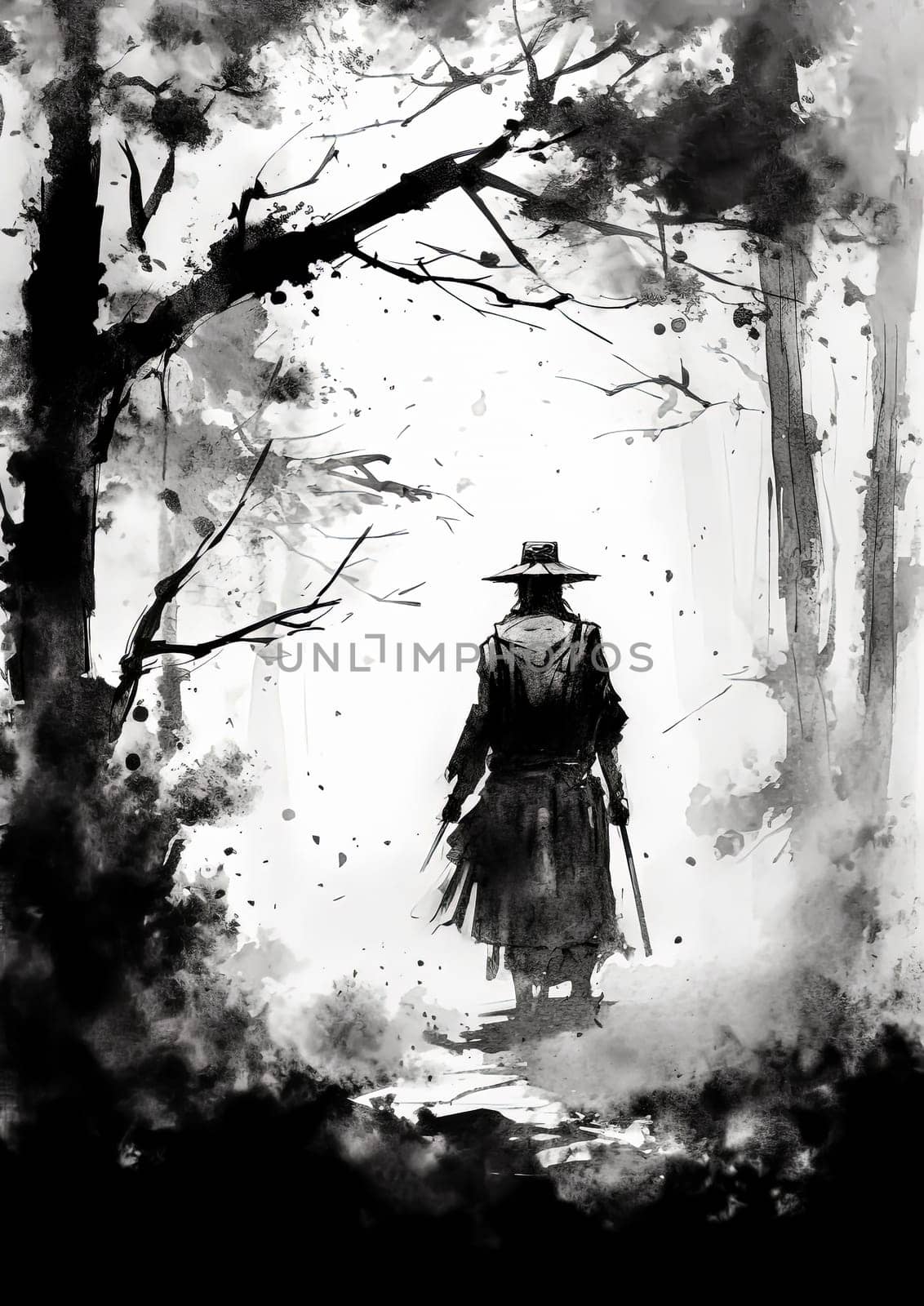 A man is walking through a forest with a hat on. The image is black and white and has a moody, mysterious feel to it