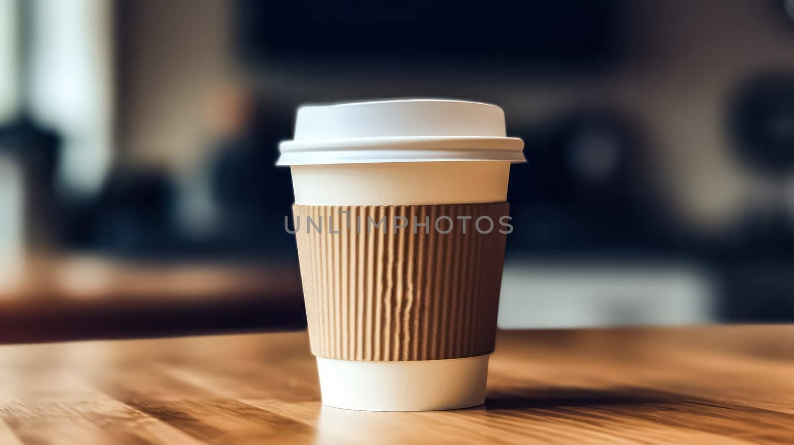 A coffee cup with a white lid and a brown sleeve sits on a wooden table. The cup is almost empty, with only a small amount of coffee left in it. Concept of relaxation and leisure