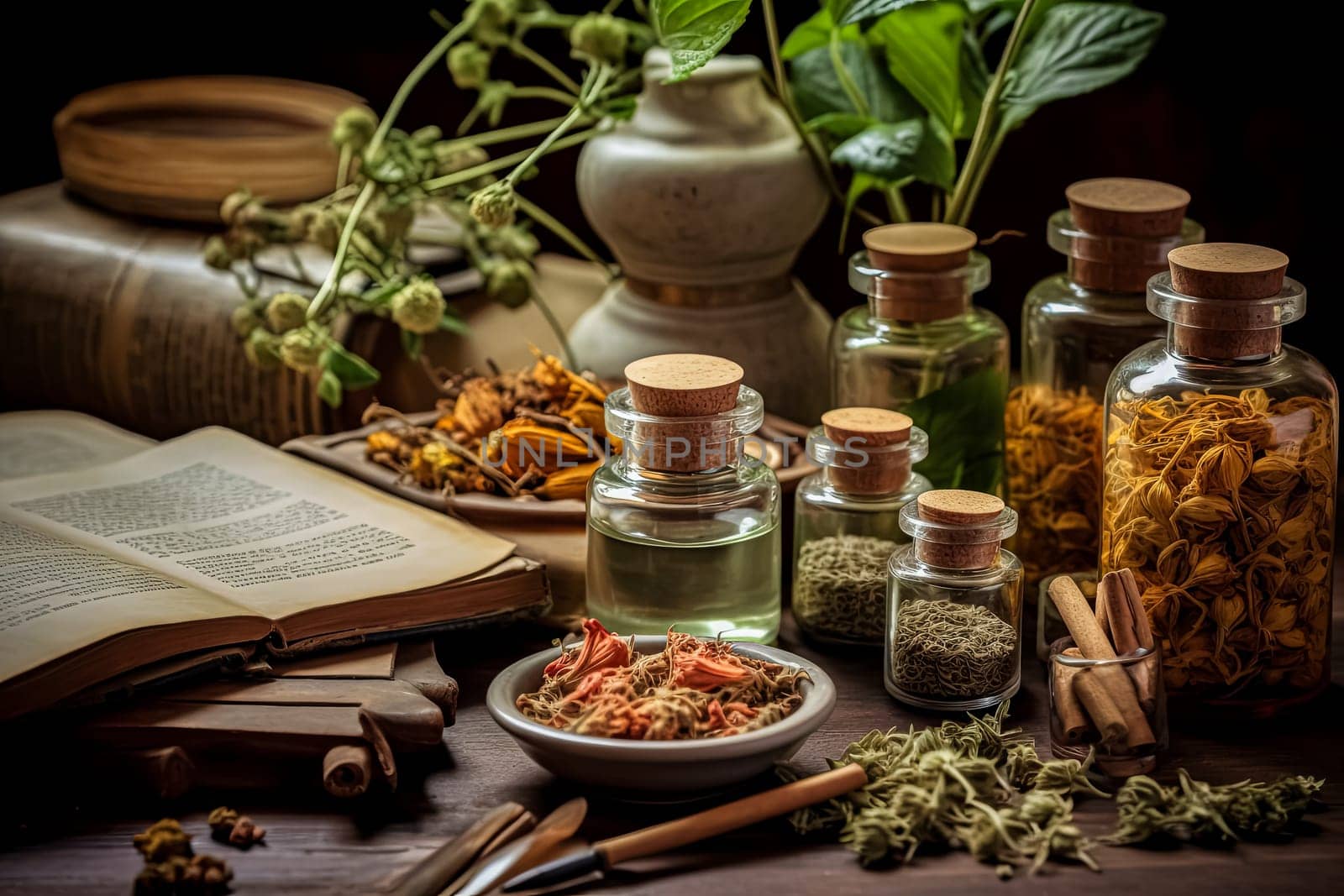 A table full of spices and herbs, including cinnamon, cumin, and pepper. The spices are arranged in small jars and bowls, and there is a spoon nearby. Concept of abundance and variety
