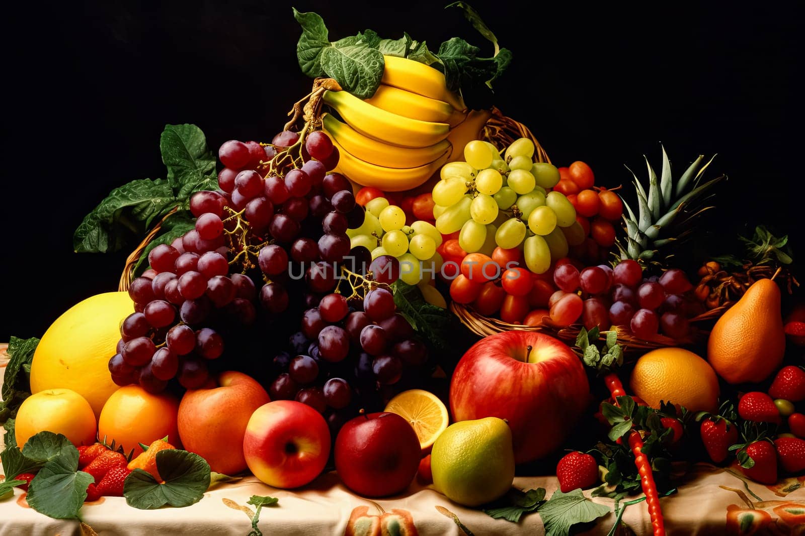 A table full of fruit including apples, oranges, bananas, and grapes. Concept of abundance and freshness