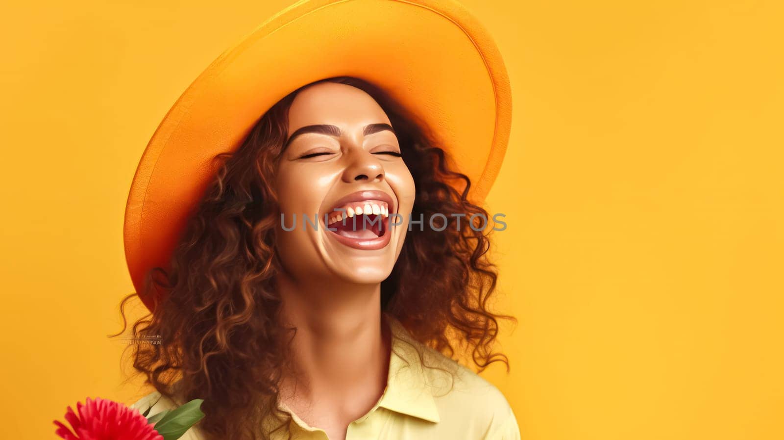 A woman with long hair is smiling and holding a yellow flower. Concept of happiness and joy, as the woman is enjoying her time and the beautiful flower