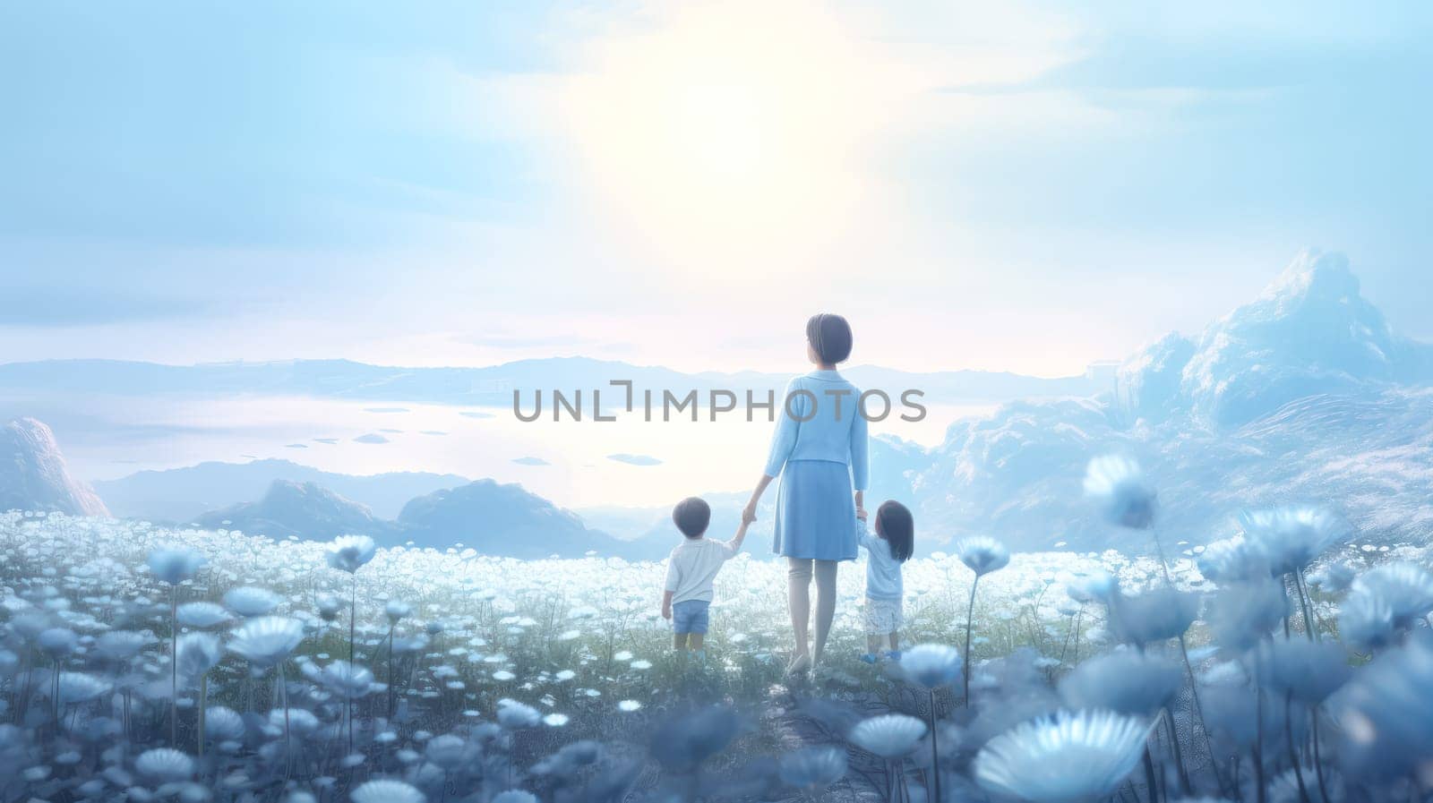 A woman and a child are standing in a field of blue flowers. The woman is holding the child's hand, and they both seem to be enjoying the beautiful scenery