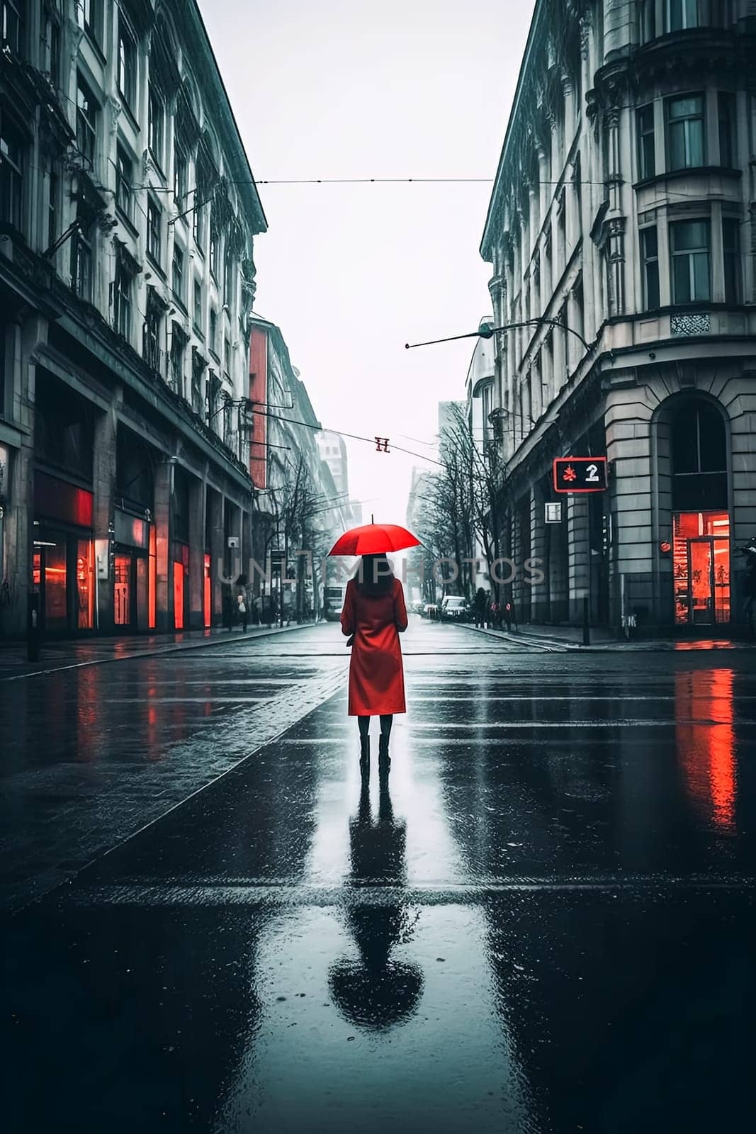 A woman walks down a city street at night. The street is wet and the lights are on, creating a moody atmosphere