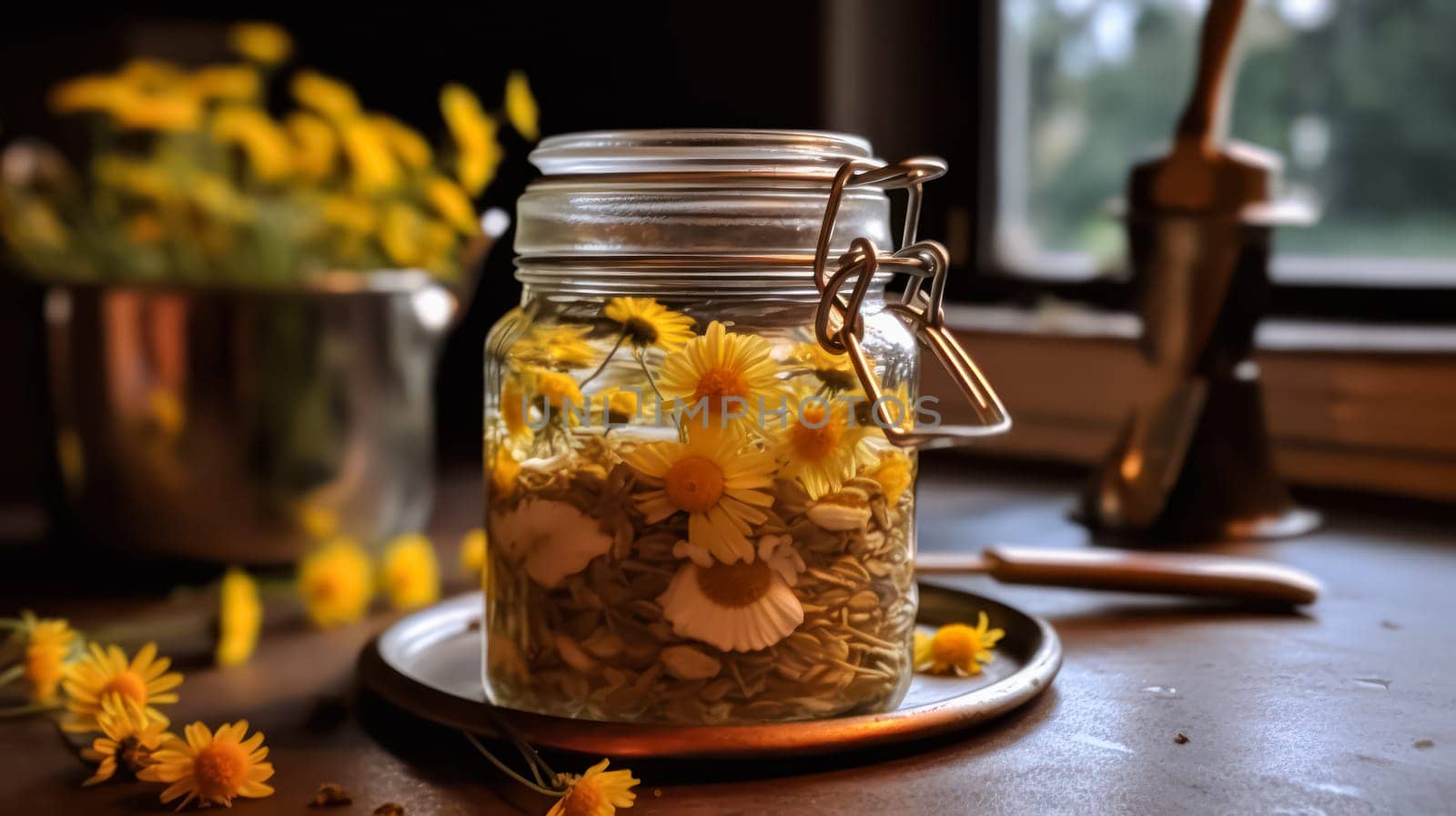 A jar filled with yellow and white flowers sits on a table next to a book. The jar is half full and the flowers are scattered around it. Concept of calm and relaxation, as the flowers