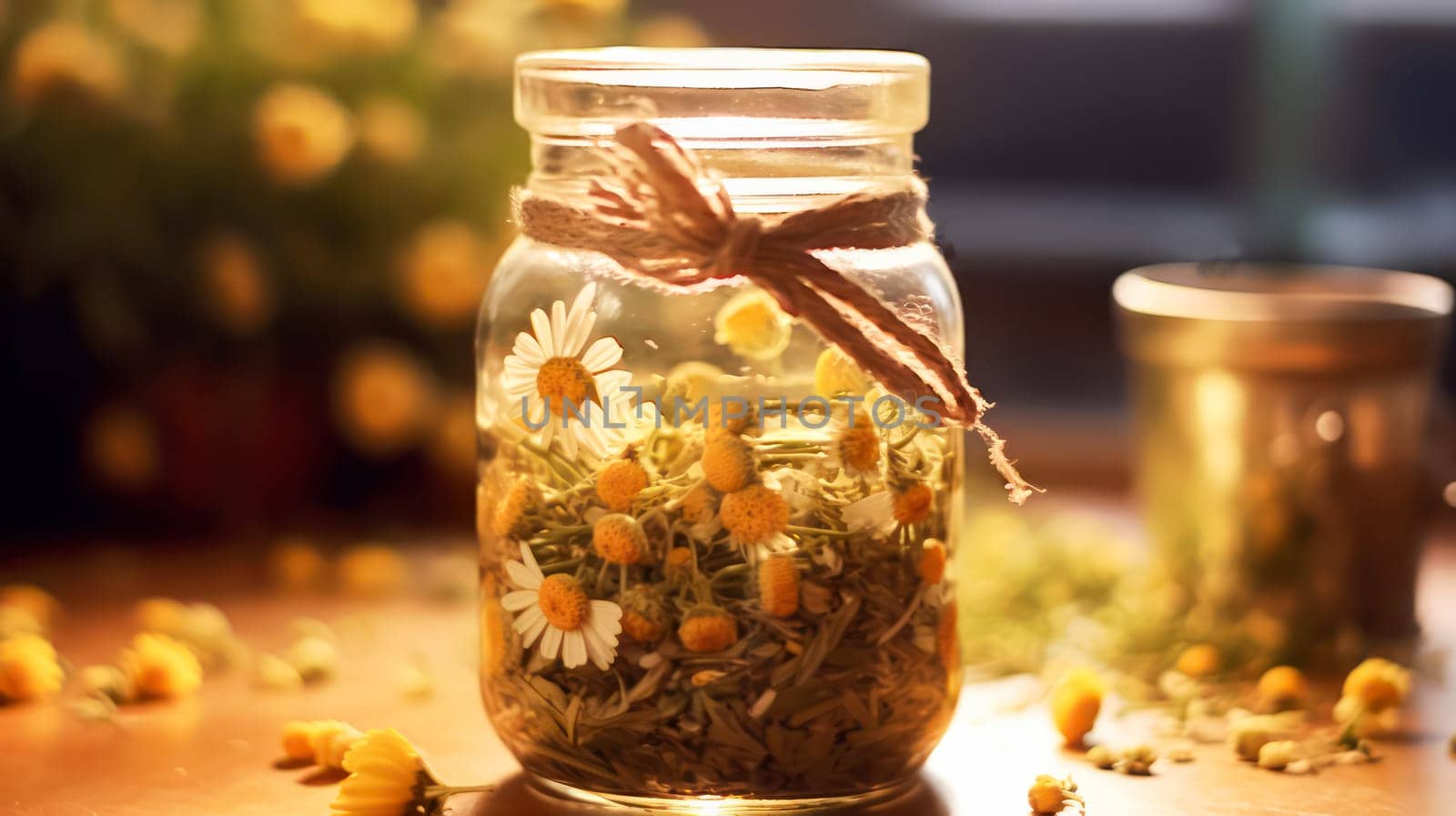 A jar filled with yellow and white flowers sits on a table next to a book. by Alla_Morozova93