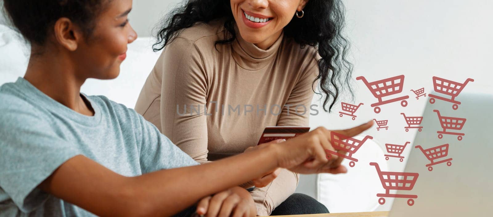 Customer hold credit card with hologram graphic interface of program. Client point laptop consulting another user open e-commerce application use cashless technology shop online inventory. Cybercash.