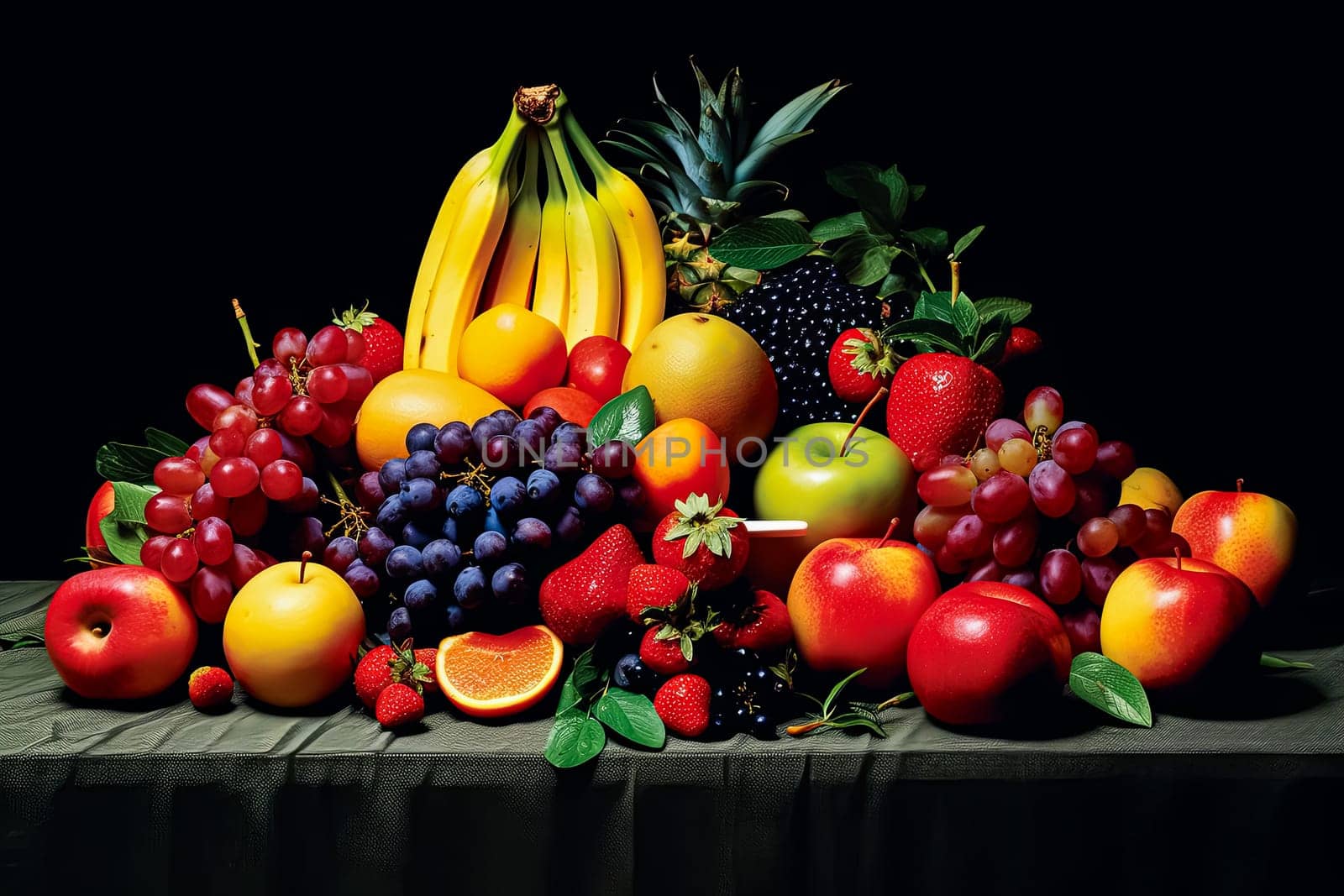 A table full of fruit including apples, oranges, bananas, and grapes. Concept of abundance and freshness