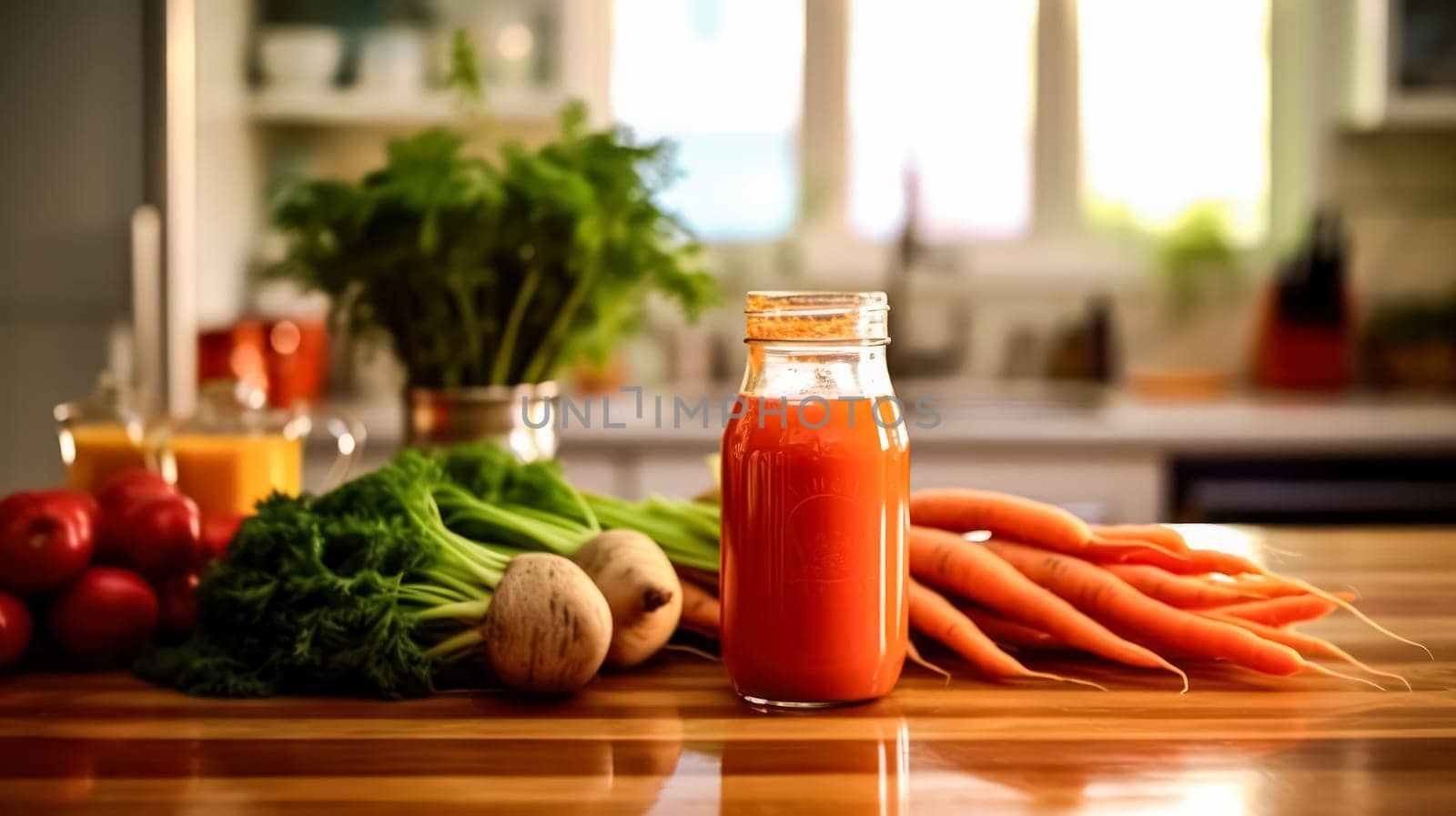 A glass jar of carrot juice sits on a wooden table next to a variety of vegetables, including carrots, celery, and beets. Concept of health and wellness, as the fresh produce