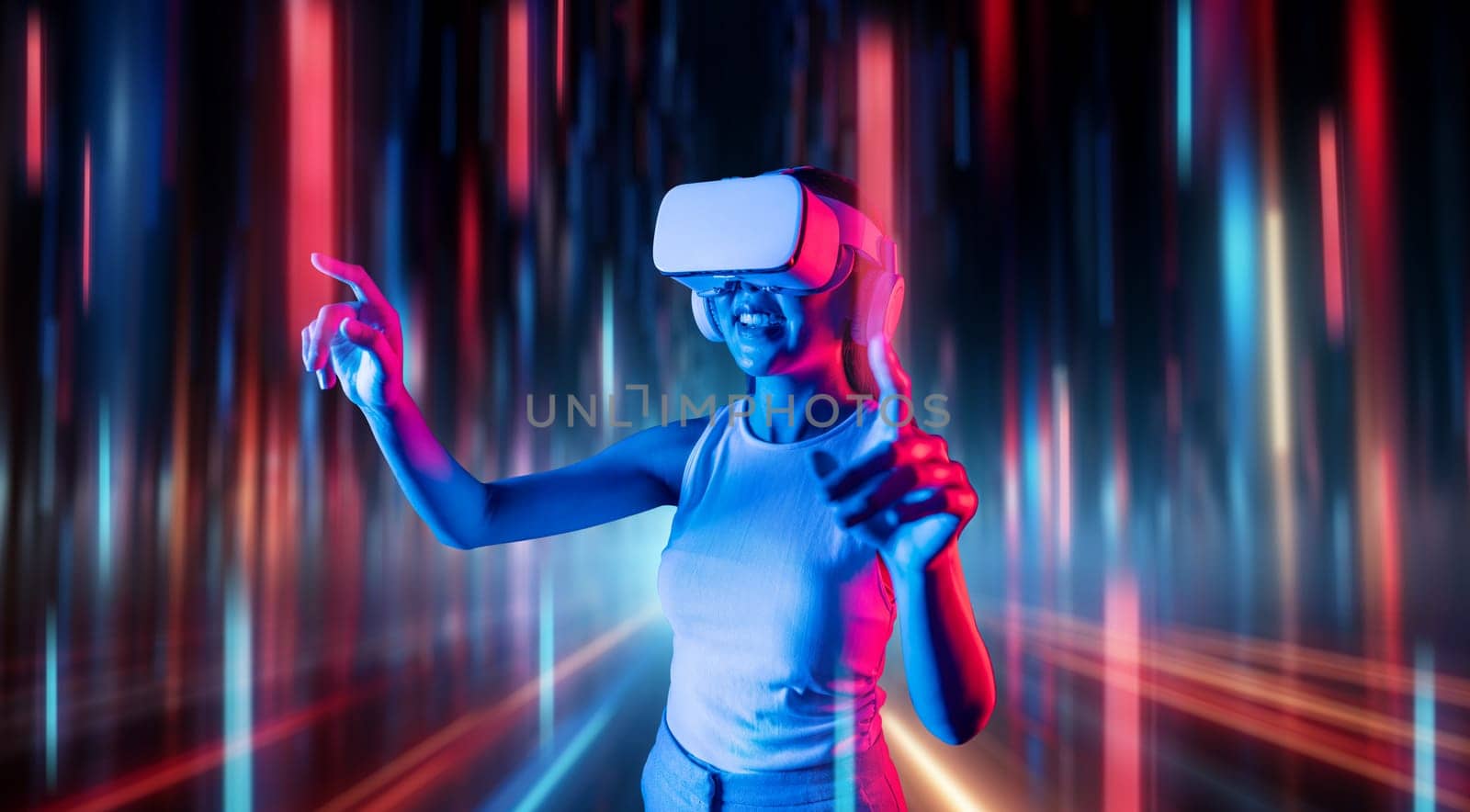 Smart female standing in cyberpunk style building in meta wear VR headset connecting metaverse, future cyberspace community technology, Woman use finger touching virtual reality object. Hallucination.