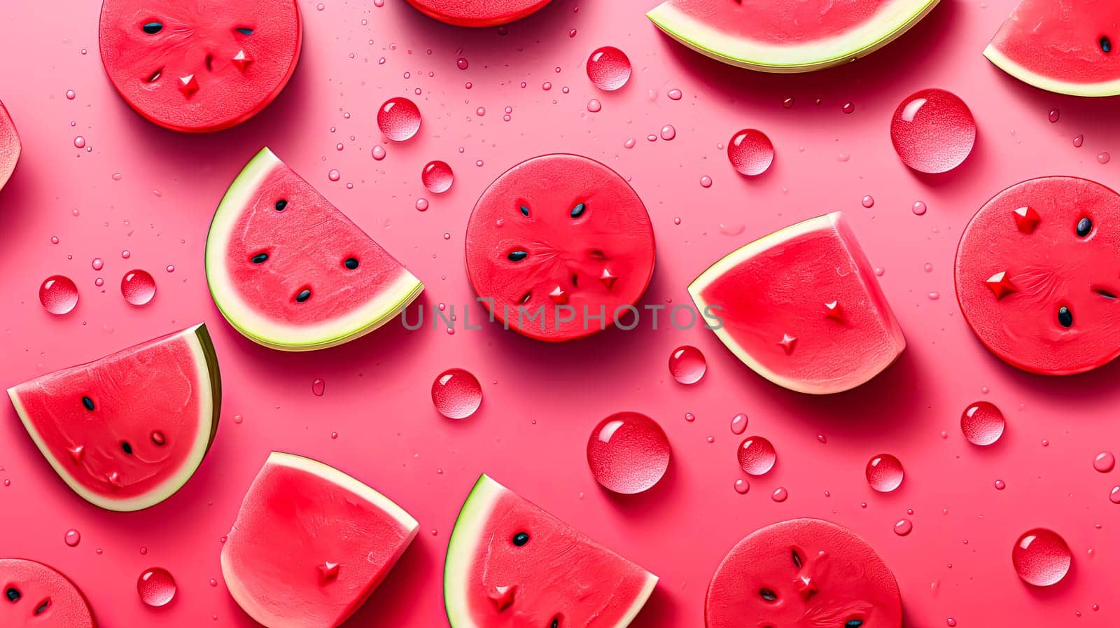 A close up of watermelon slices on a pink background. The watermelon slices are arranged in a way that they look like they are falling from the sky