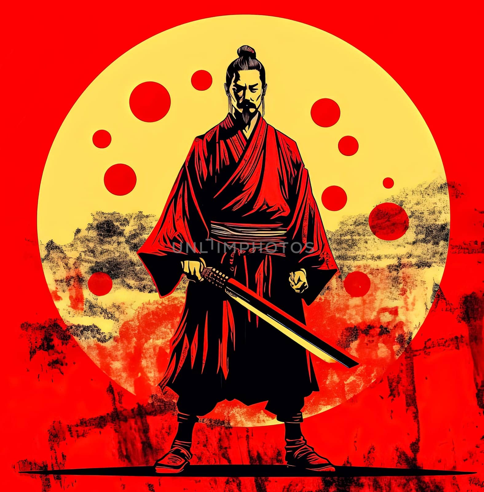 A man in a red robe holding a sword. The man is standing in front of a red circle with a black circle in the middle