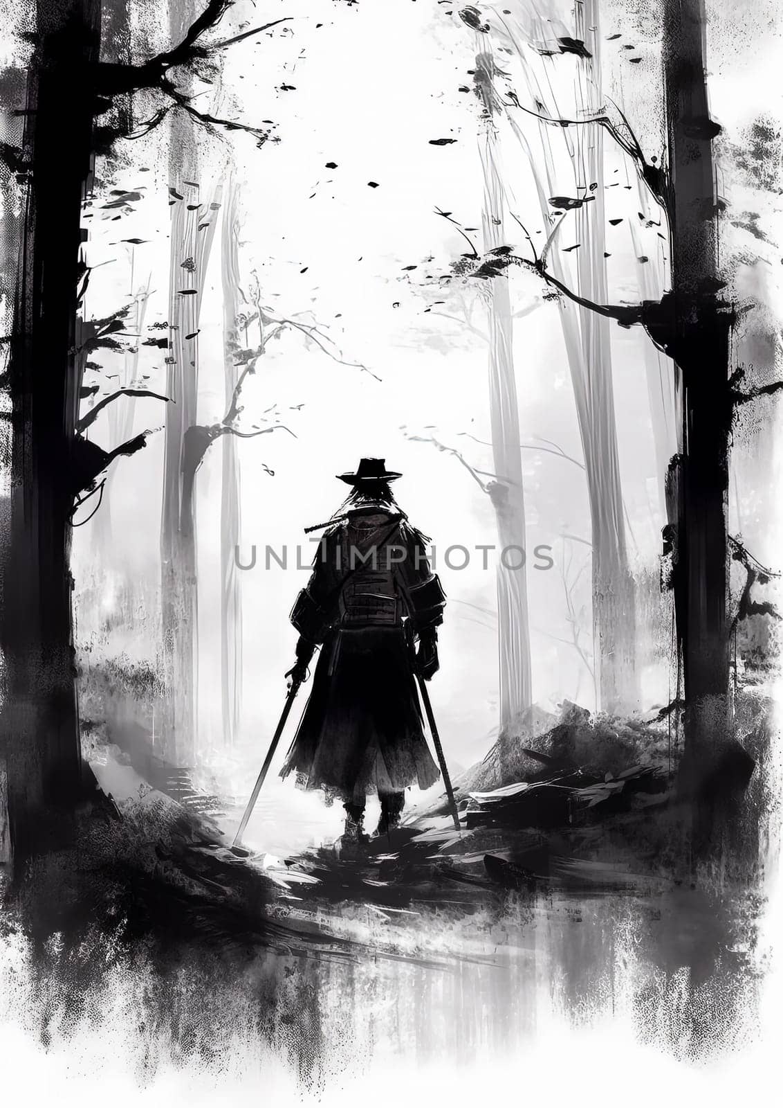 A man is walking through a forest with a hat on. The image is black and white and has a moody, mysterious feel to it