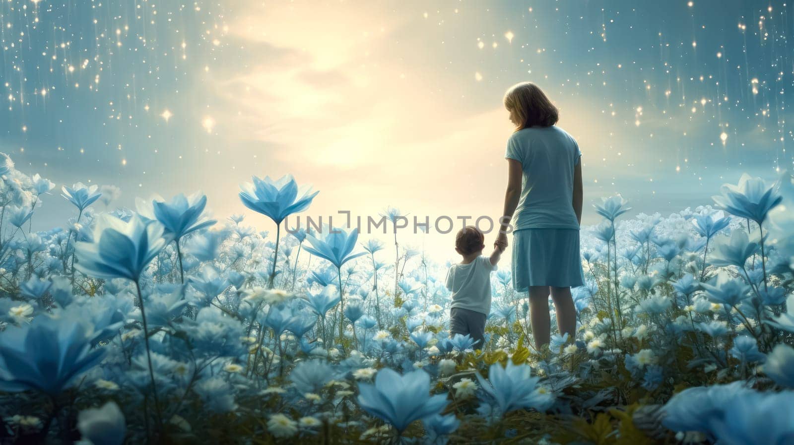 A woman and a child are standing in a field of blue flowers. The woman is holding the child's hand, and they both seem to be enjoying the beautiful scenery