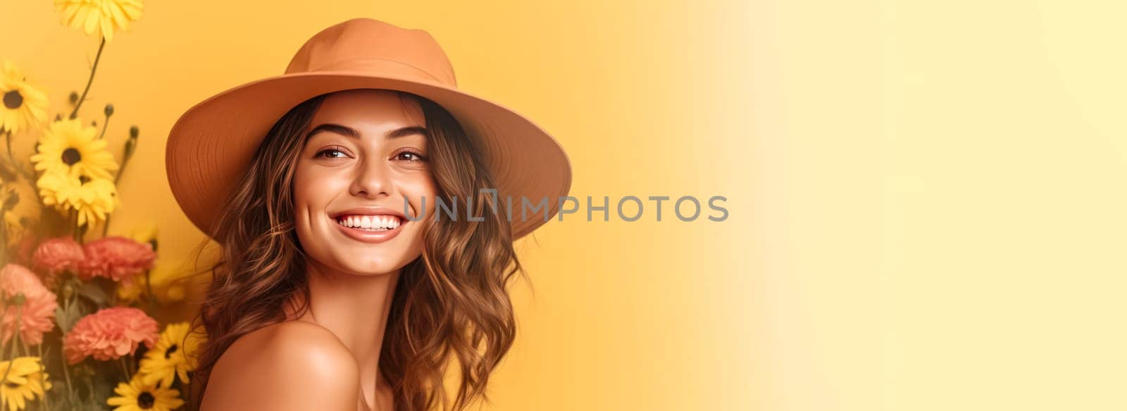 A woman with long hair is smiling and holding a yellow flower. Concept of happiness and joy, as the woman is enjoying her time and the beautiful flower