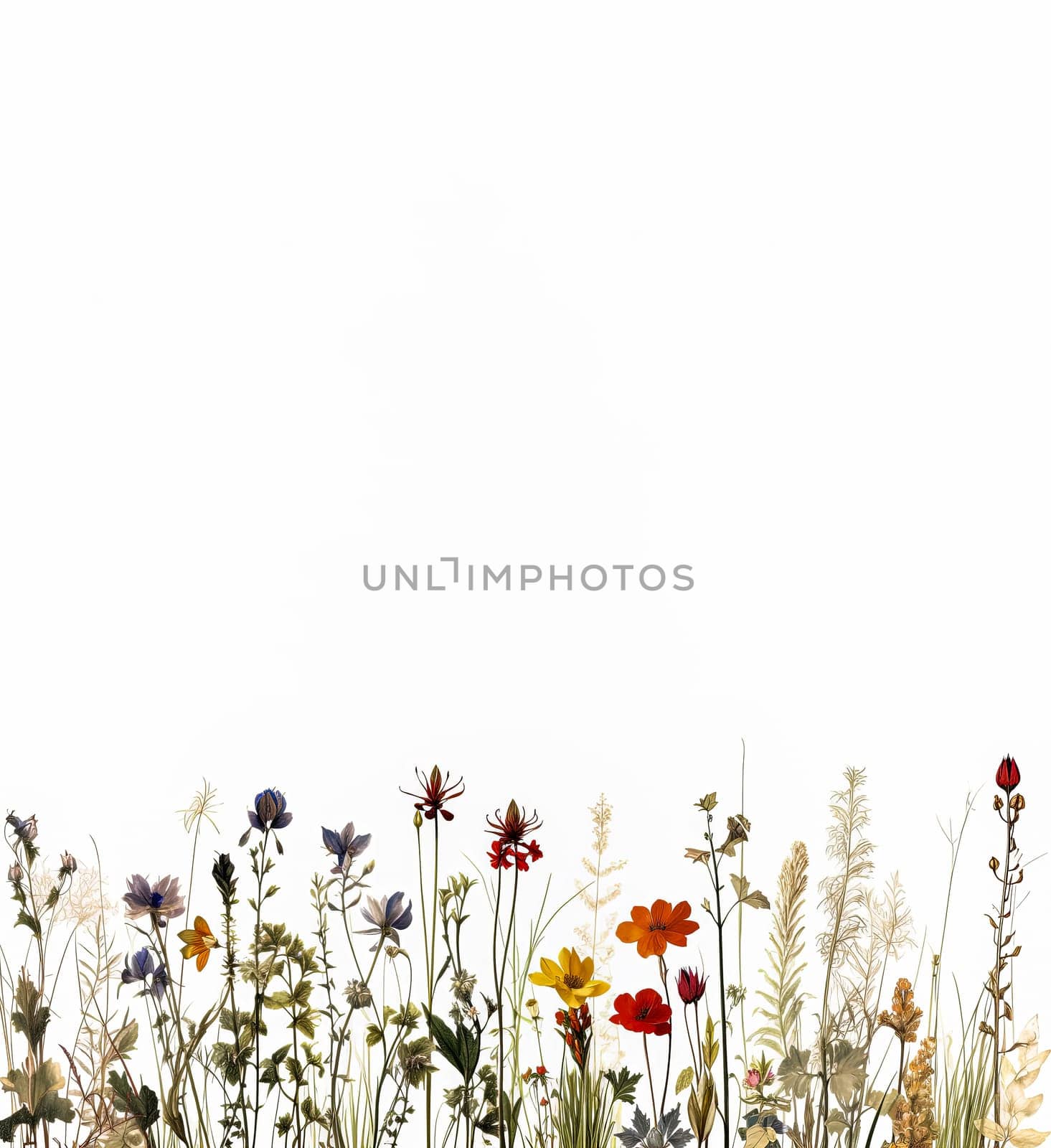 A field of yellow flowers with a white background. The flowers are in full bloom and the grass is tall. Concept of warmth and happiness, as the bright colors of the flowers