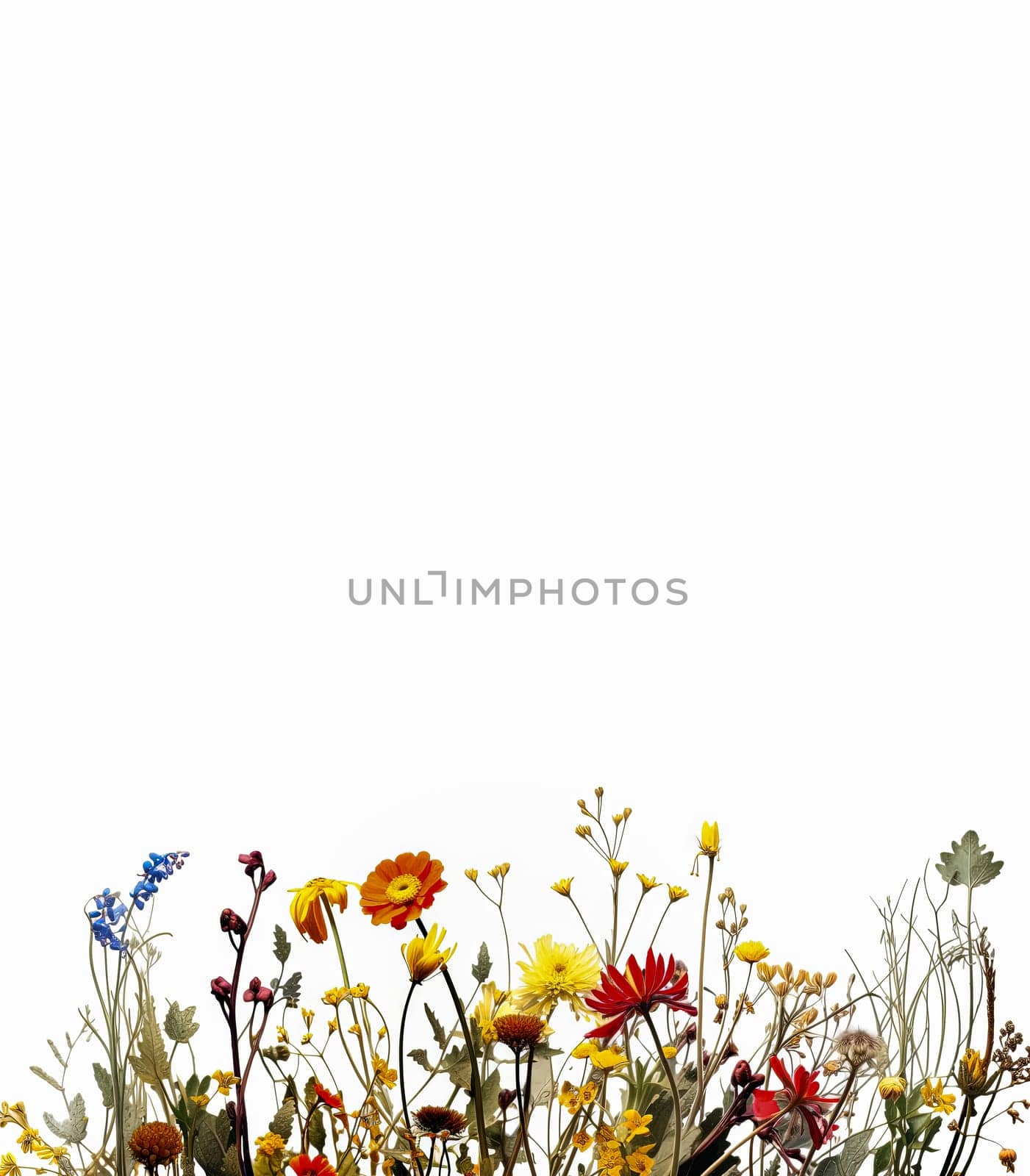 A field of yellow flowers with a white background. The flowers are in full bloom and the grass is tall. Concept of warmth and happiness, as the bright colors of the flowers