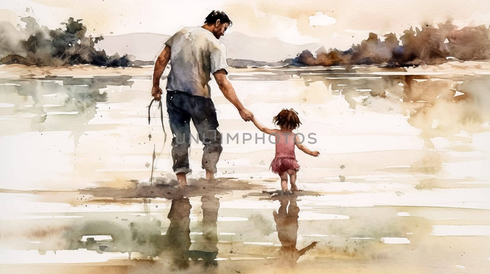 A man and a child are walking together. The man is holding the child's hand. Scene is warm and loving. happy father's day concept