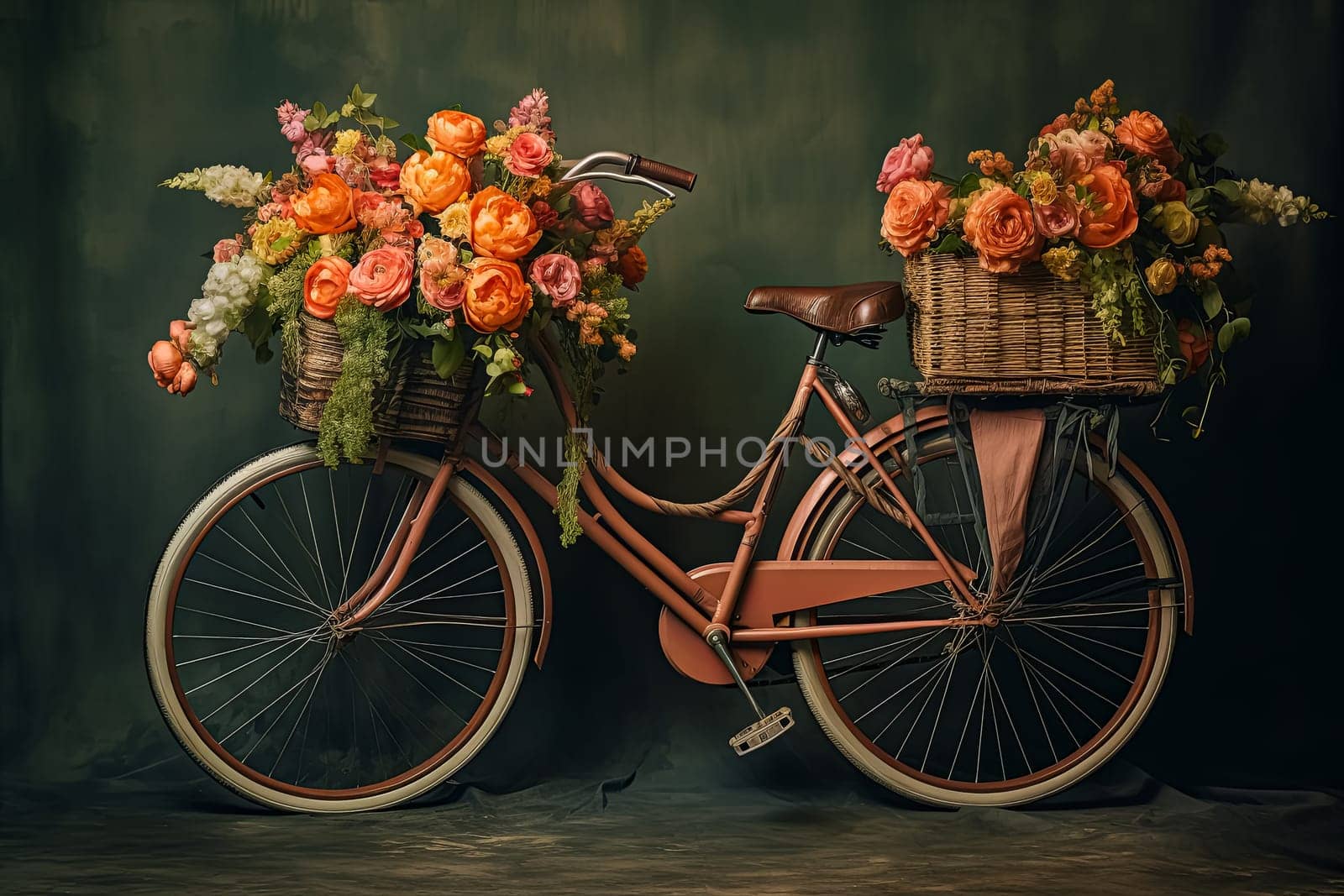 A bicycle with a basket full of flowers on it. The bike is on a blue wall