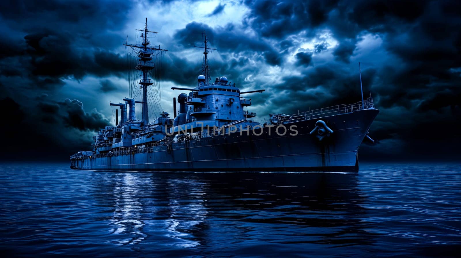 A large ship is in the water with a dark sky in the background. Scene is mysterious and ominous