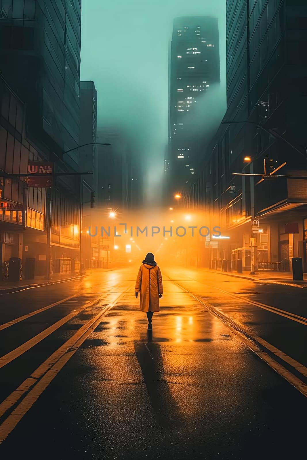 A woman walks down a city street at night. The street is wet and the lights are on, creating a moody atmosphere