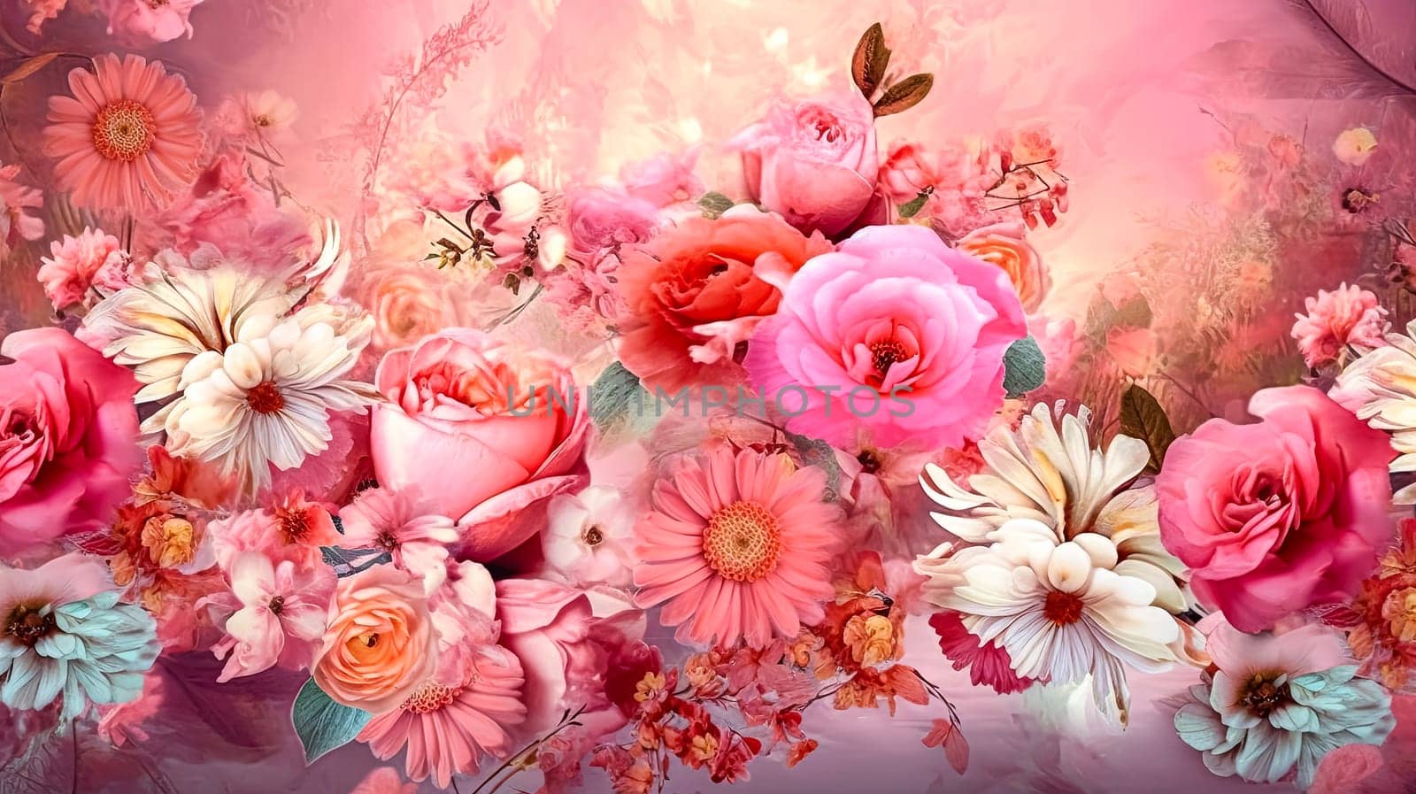 A colorful floral arrangement with pink and white flowers. The flowers are arranged in a way that creates a sense of movement and flow. Scene is one of beauty and serenity