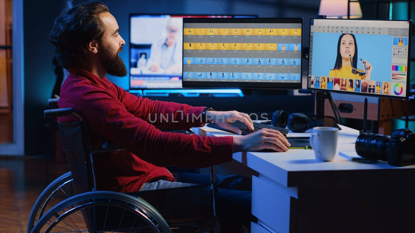 Paralyzed photographer with handicap in creative agency editing pictures by DCStudio