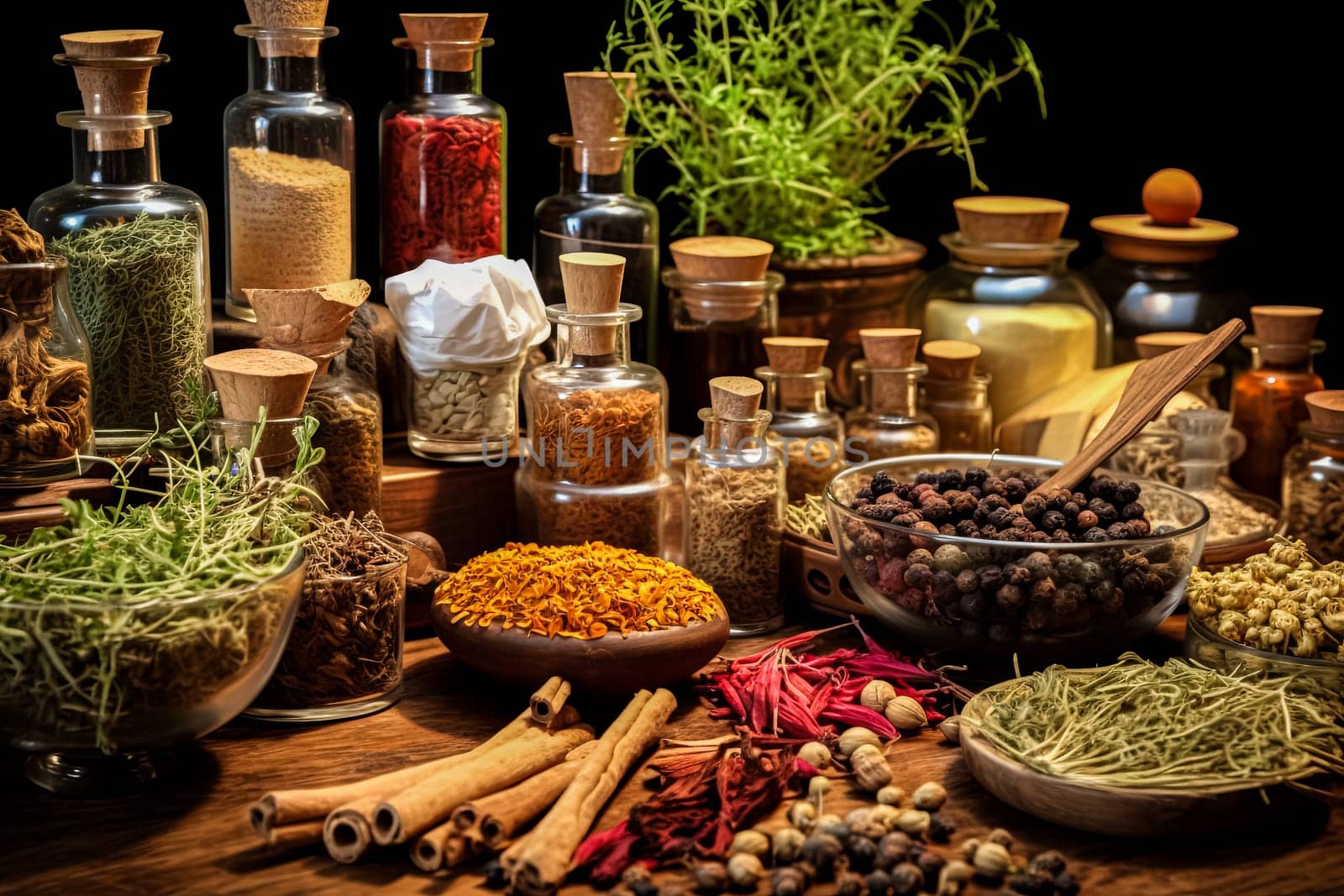 A table full of spices and herbs, including cinnamon, cumin, and pepper. The spices are arranged in small jars and bowls, and there is a spoon nearby. Concept of abundance and variety