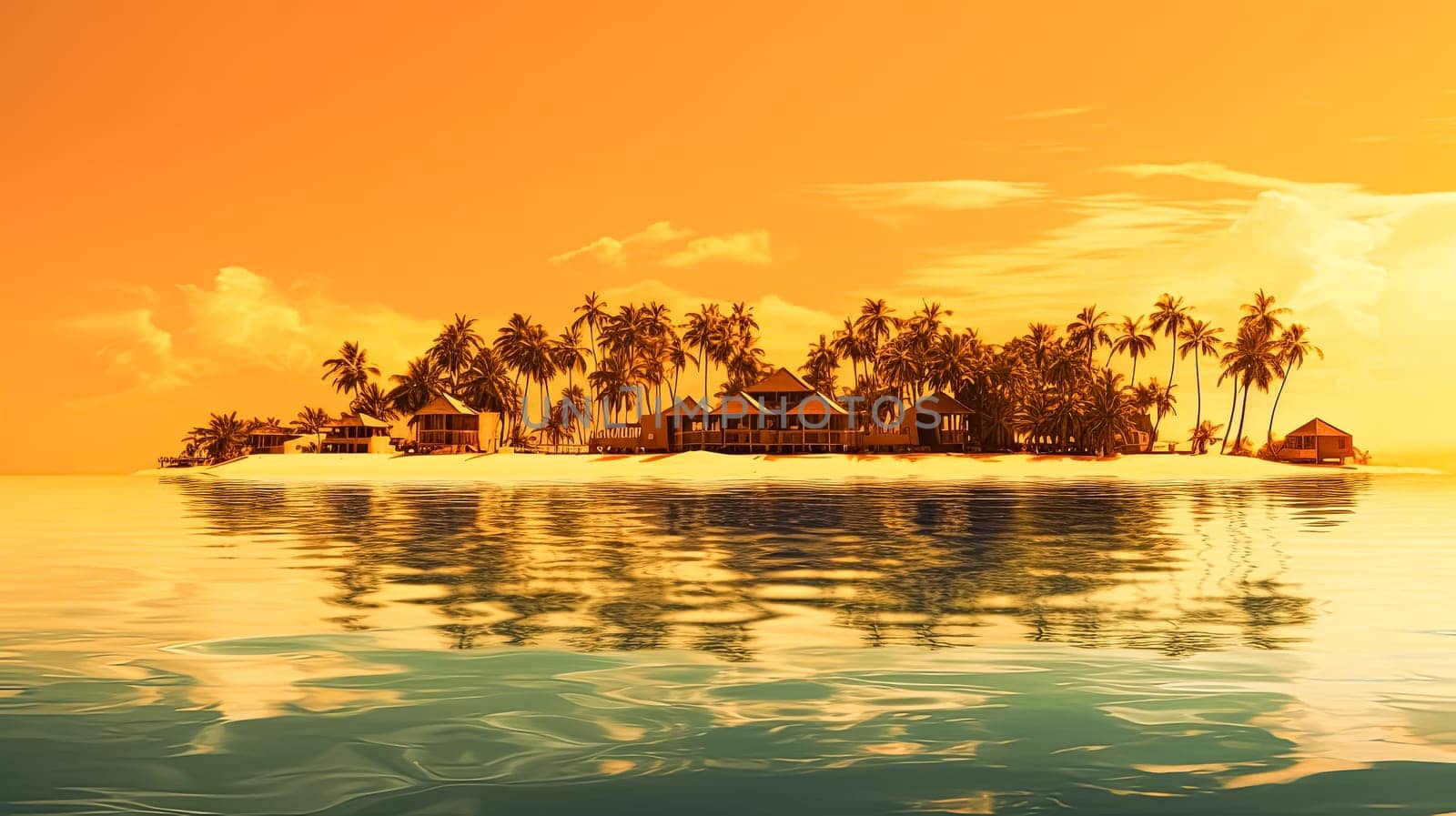 A wooden bridge spans a body of water with palm trees on either side. The scene is serene and peaceful, with the water and trees creating a calming atmosphere