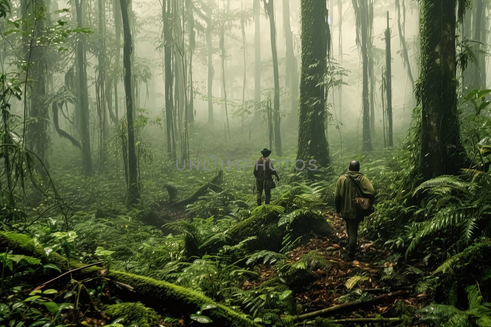 Two people are walking through a lush green jungle. The trees are tall and the foliage is dense