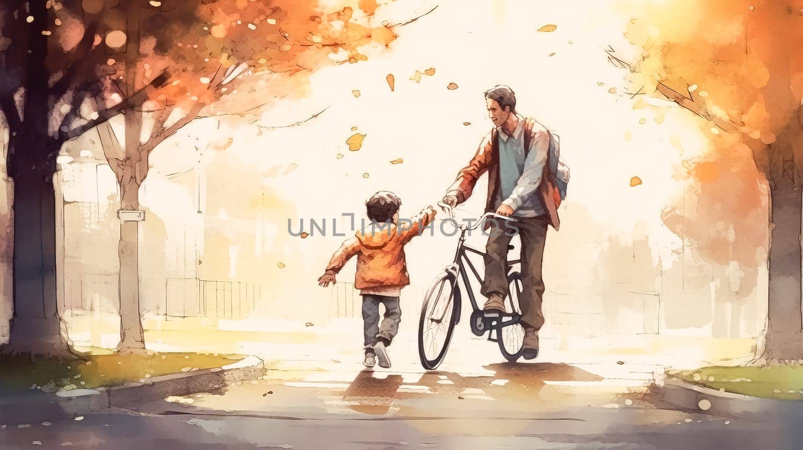 A man is holding a child's hand while riding a bicycle. Concept of warmth and bonding between the two. happy father's day concept