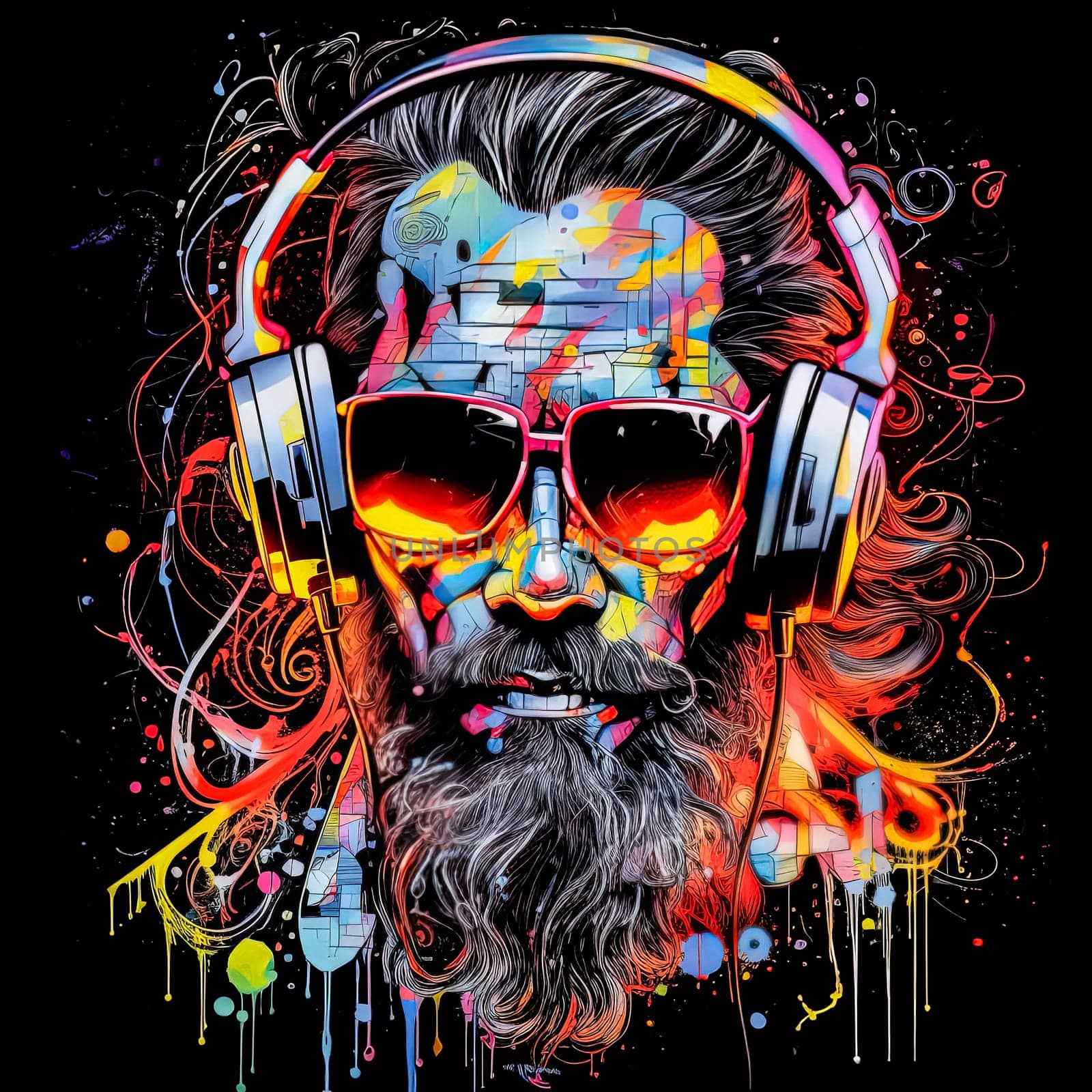 A man with a beard and sunglasses is wearing headphones. The image has a cool, futuristic vibe