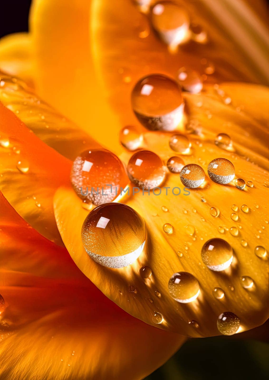 A close up of a flower with droplets of water on it. The droplets are small and scattered, giving the impression of a light rain. The flower is orange and has a delicate, almost ethereal quality to it