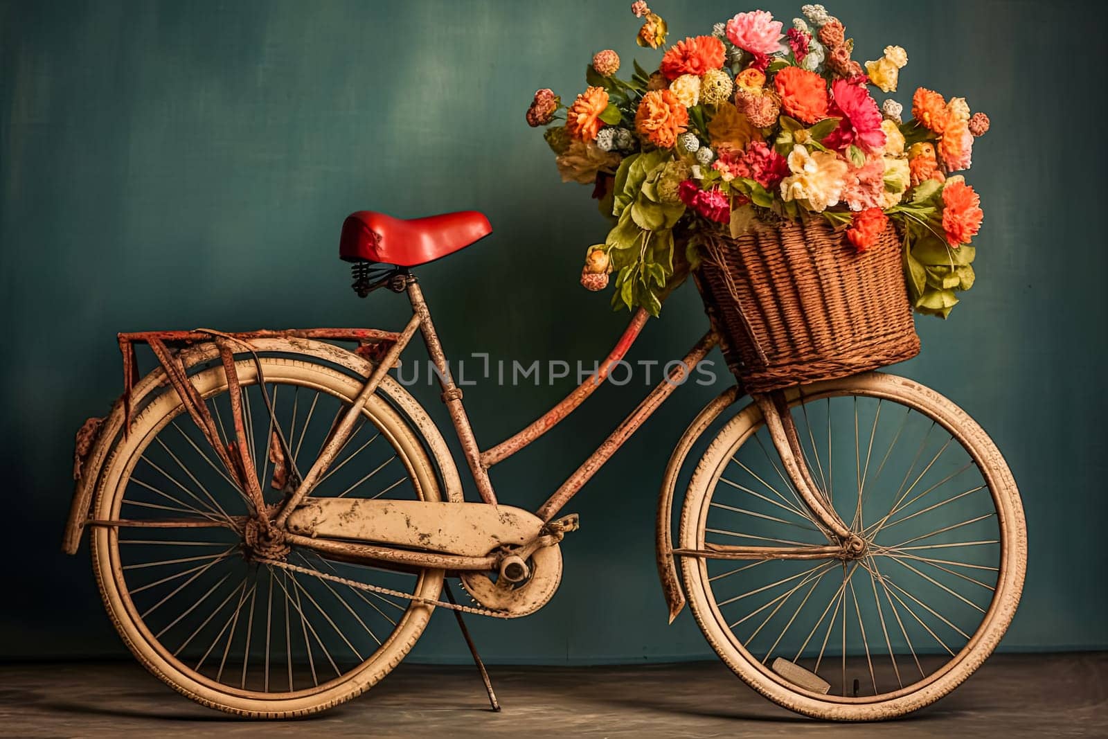 A bicycle with a basket full of flowers on it. The bike is on a blue wall