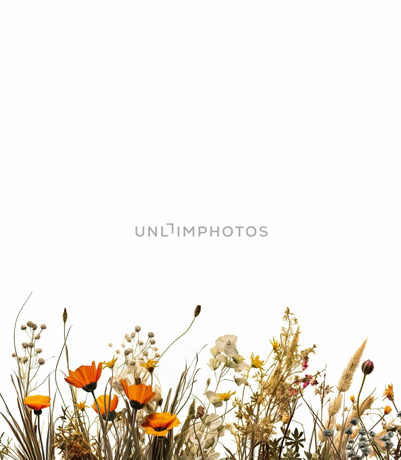 A field of yellow flowers with a white background. The flowers are in full bloom and the grass is tall. Concept of warmth and happiness, as the bright colors of the flowers