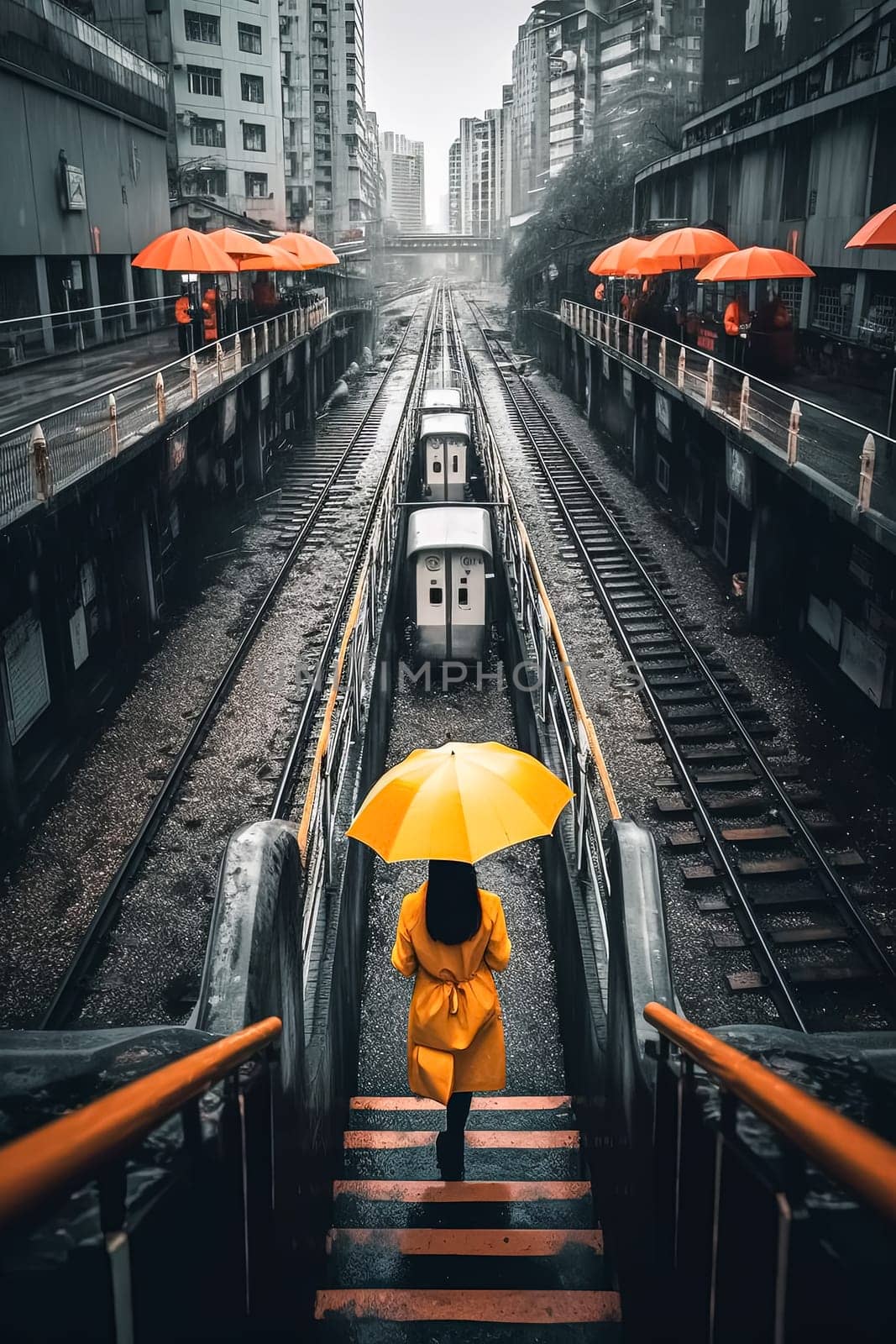 A woman in a yellow coat is walking down a train platform with an umbrella. The image has a mood of melancholy and loneliness, as the woman is alone on the platform