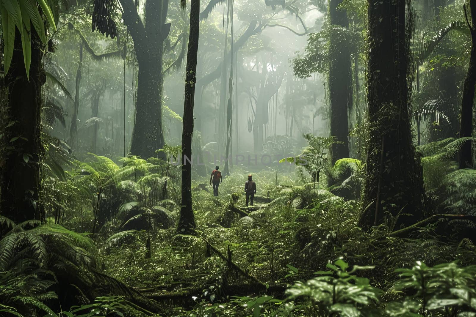 Two people are walking through a lush green jungle. The trees are tall and the foliage is dense