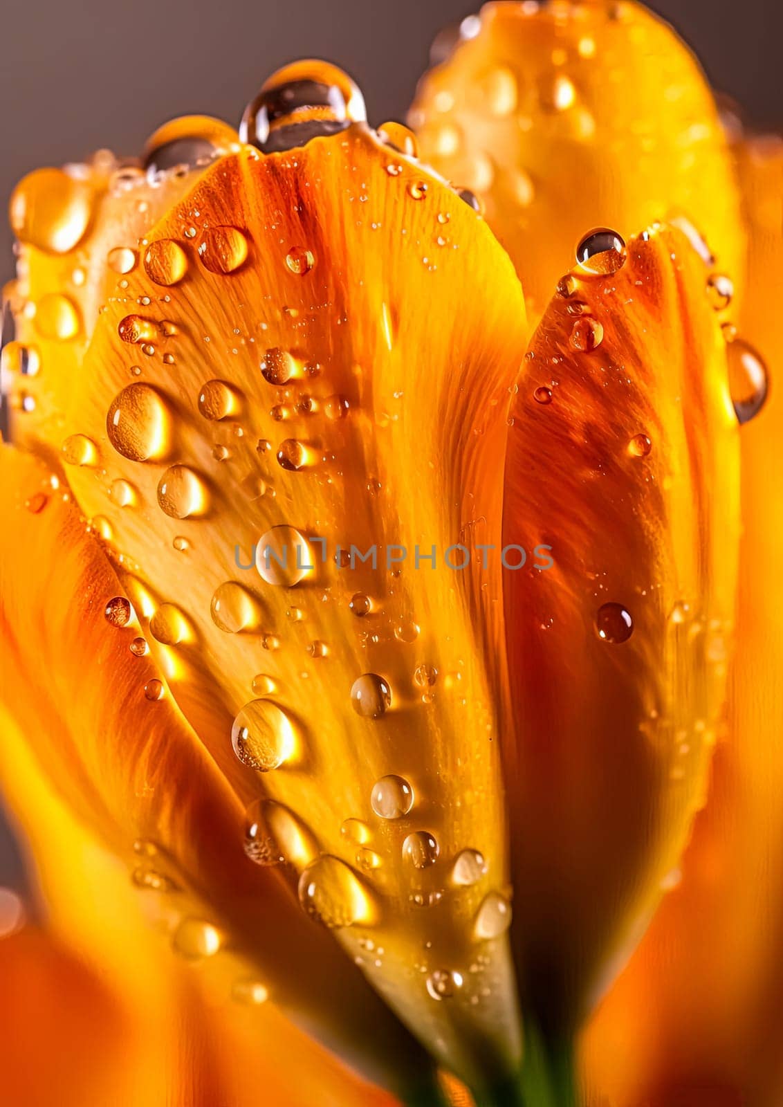 A close up of a flower with droplets of water on it. The droplets are small and scattered, giving the impression of a light rain. The flower is orange and has a delicate, almost ethereal quality to it